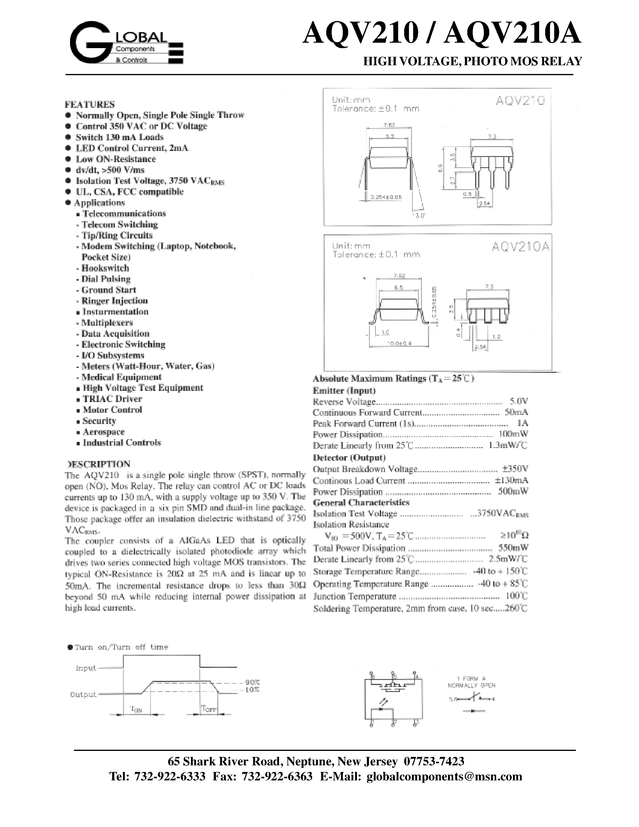 Даташит AQV210 - HIGH VOLTAGE/ PHOTO MOS RELAY страница 1