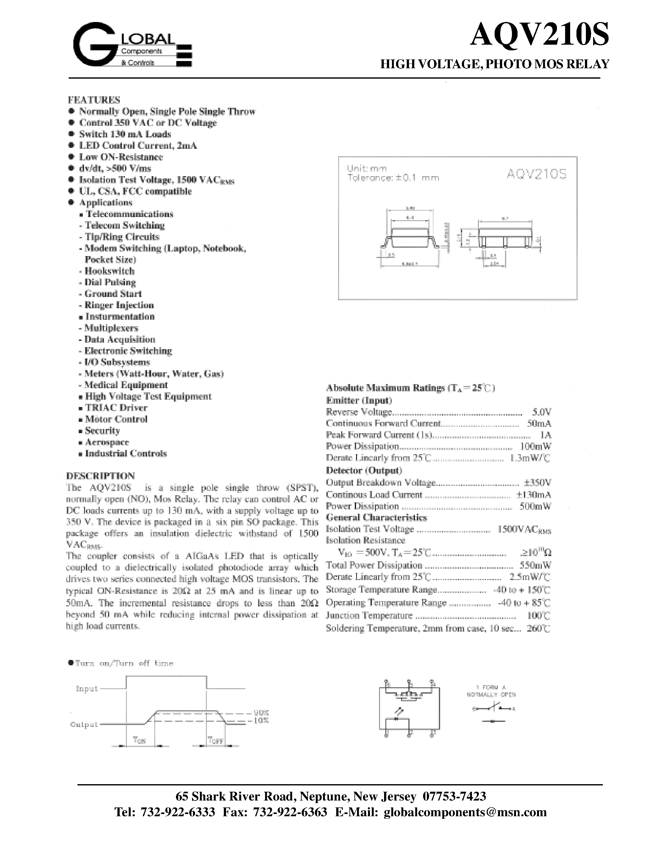 Даташит AQV210S - HIGH VOLTAGE/ PHOTO MOS RELAY страница 1