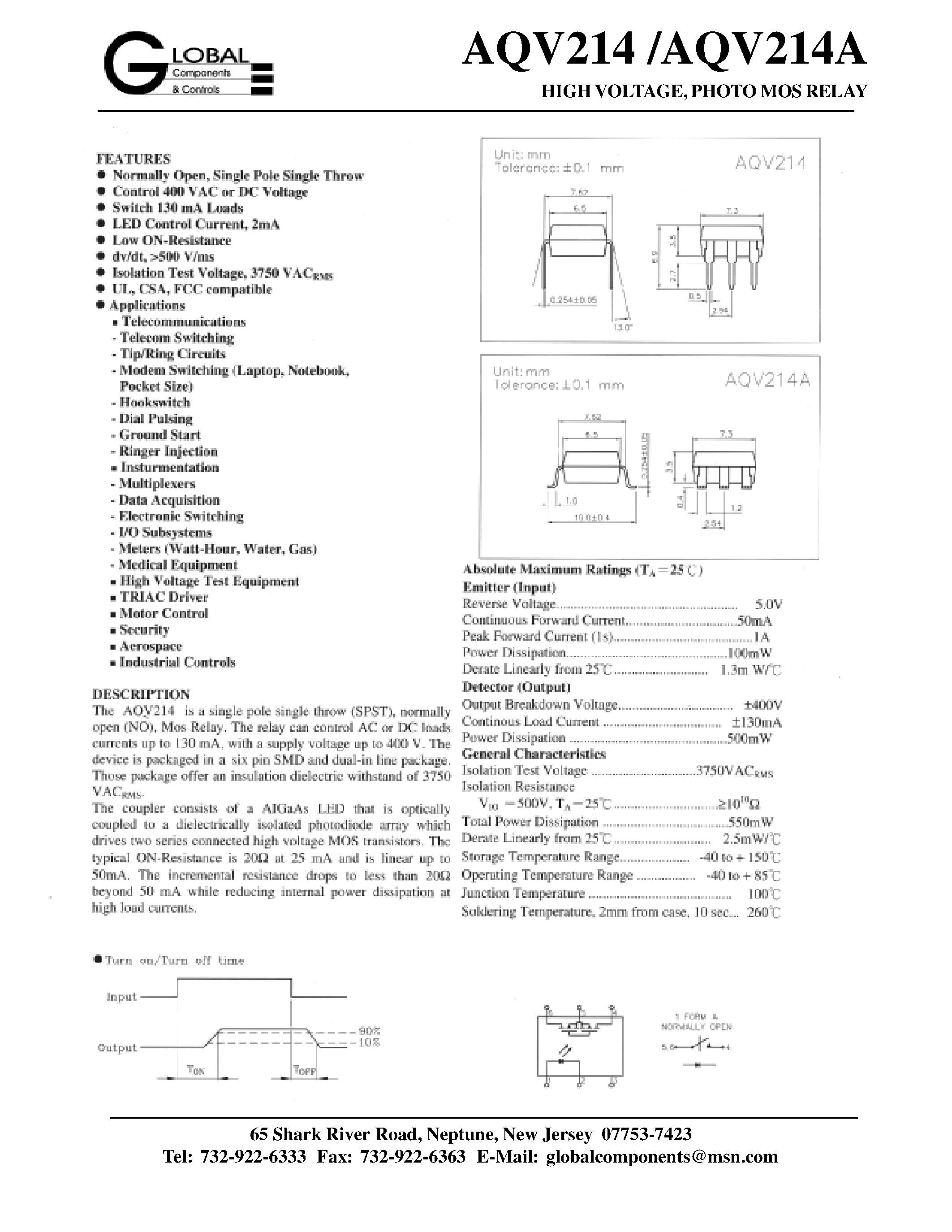 Даташит на микросхему AQV214A страница 1 Даташит AQV214A - HIGH VOLTAGE/ PHOTO MOS RELAY страница 1