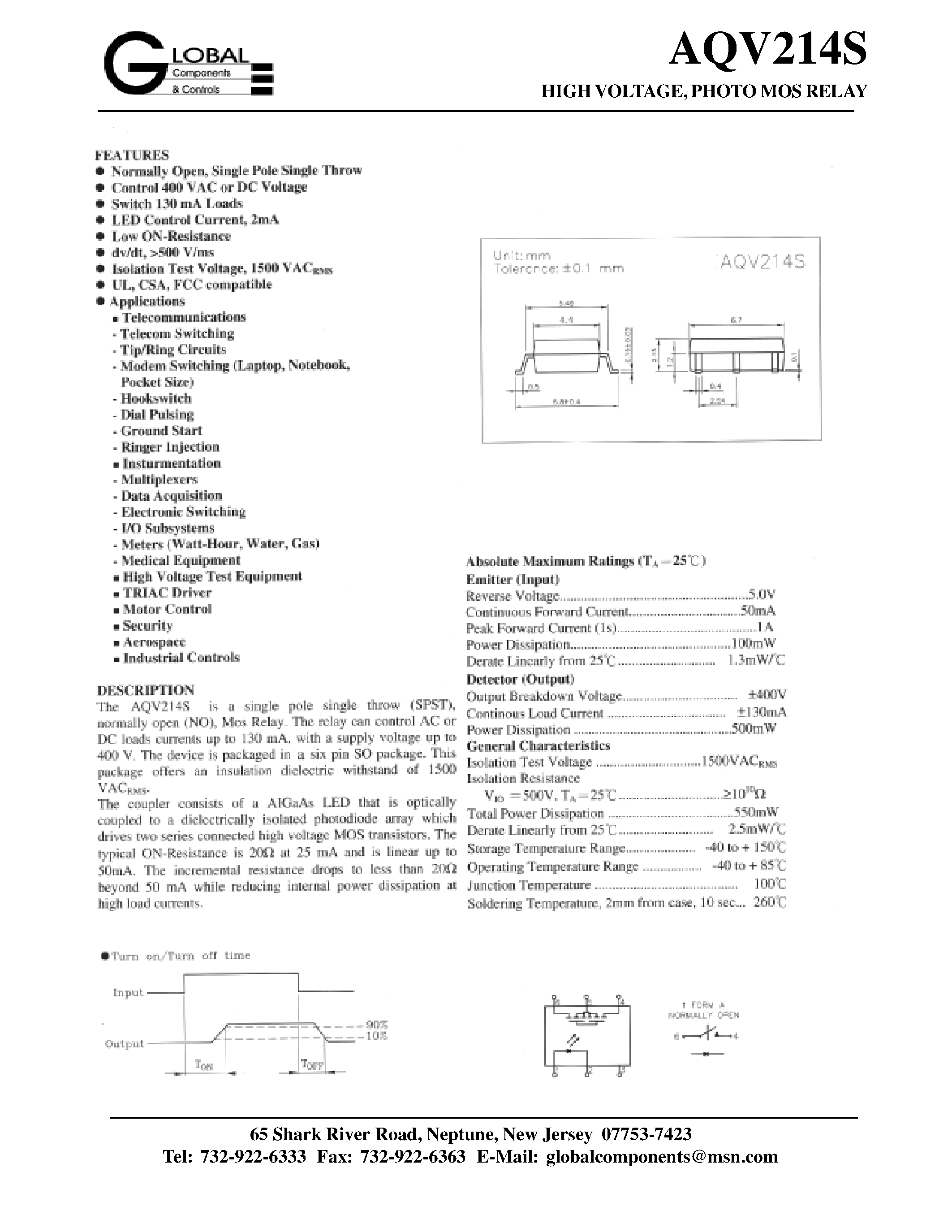 Даташит на микросхему AQV214S страница 1 Даташит AQV214S - HIGH VOLTAGE/ PHOTO MOS RELAY страница 1