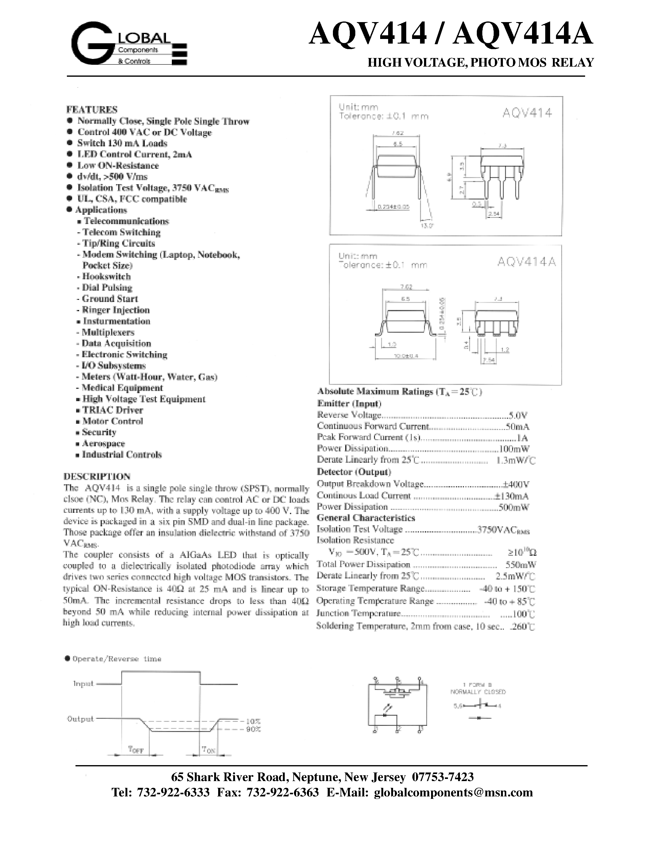 Даташит на микросхему AQV414A страница 1 Даташит AQV414A - HIGH VOLTAGE/ PHOTO MOS RELAY страница 1