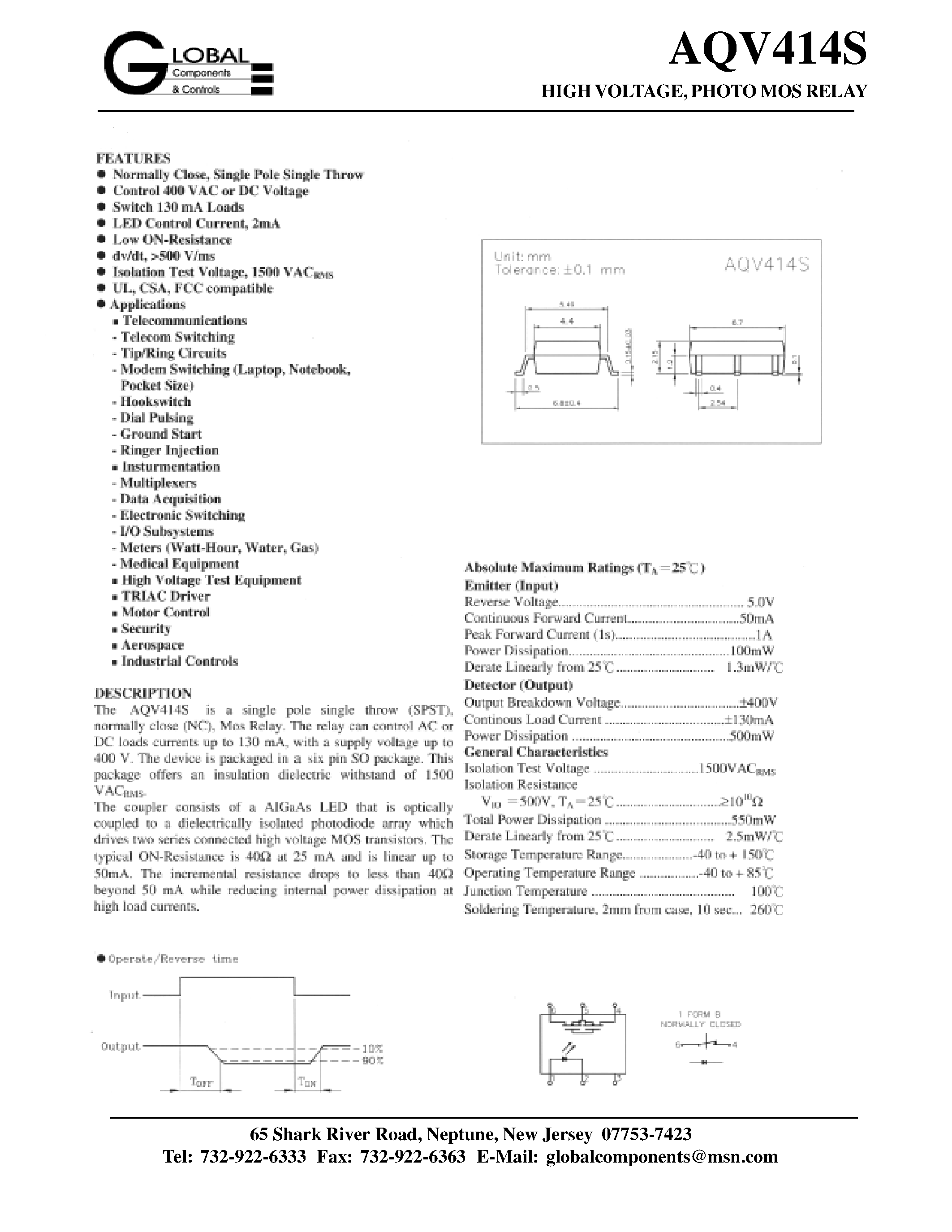 Даташит на микросхему AQV414S страница 1 Даташит AQV414S - HIGH VOLTAGE/ PHOTO MOS RELAY страница 1