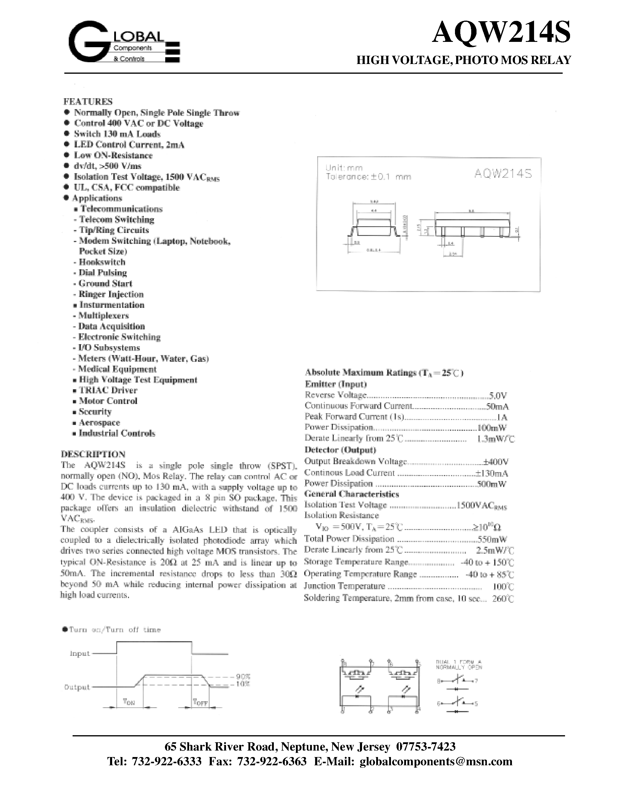 Даташит на микросхему AQW214S страница 1 Даташит AQW214S - HIGH VOLTAGE/ PHOTO MOS RELAY страница 1
