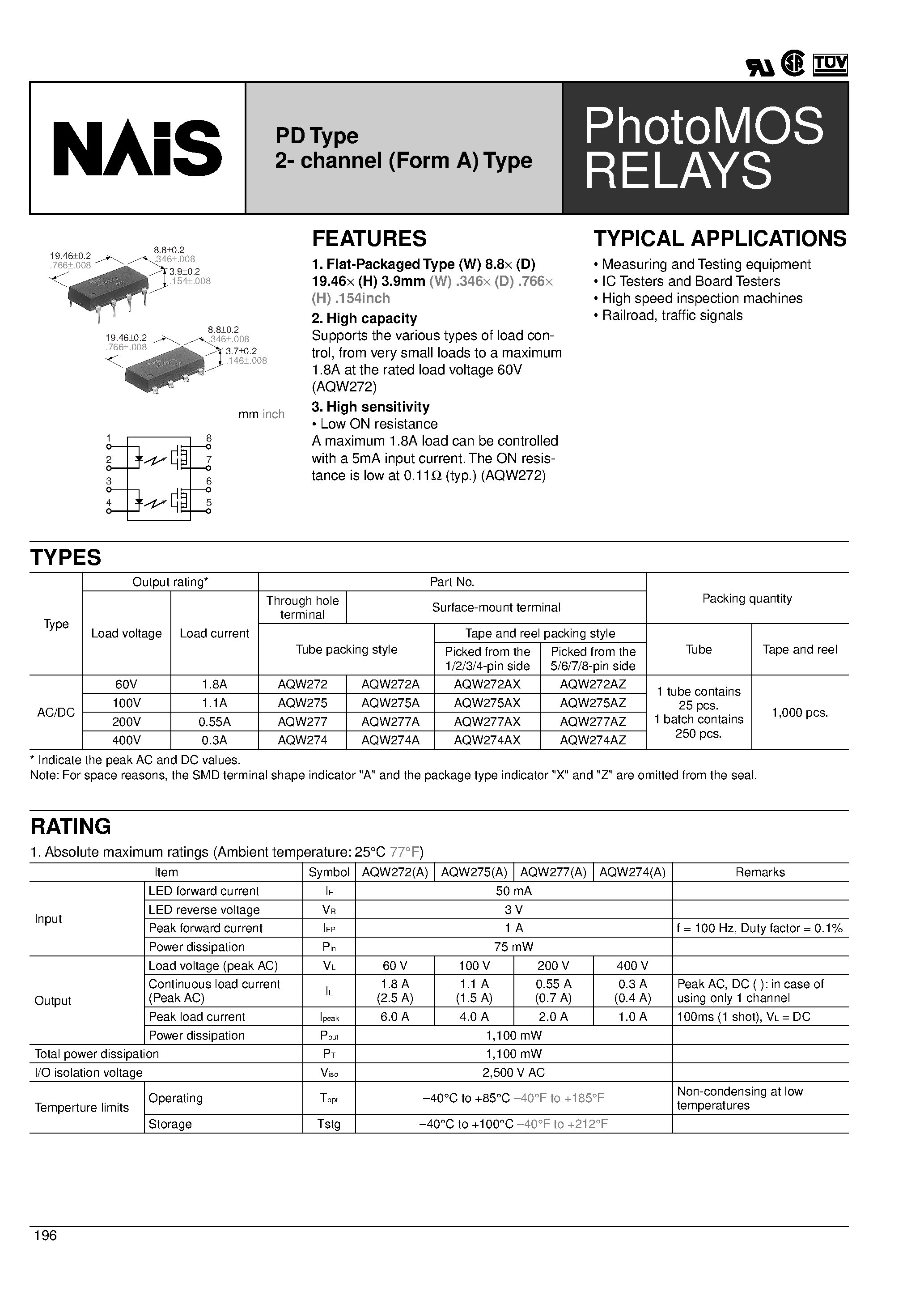Datasheet AQW277AZ - PhotoMOS RELAYS page 1