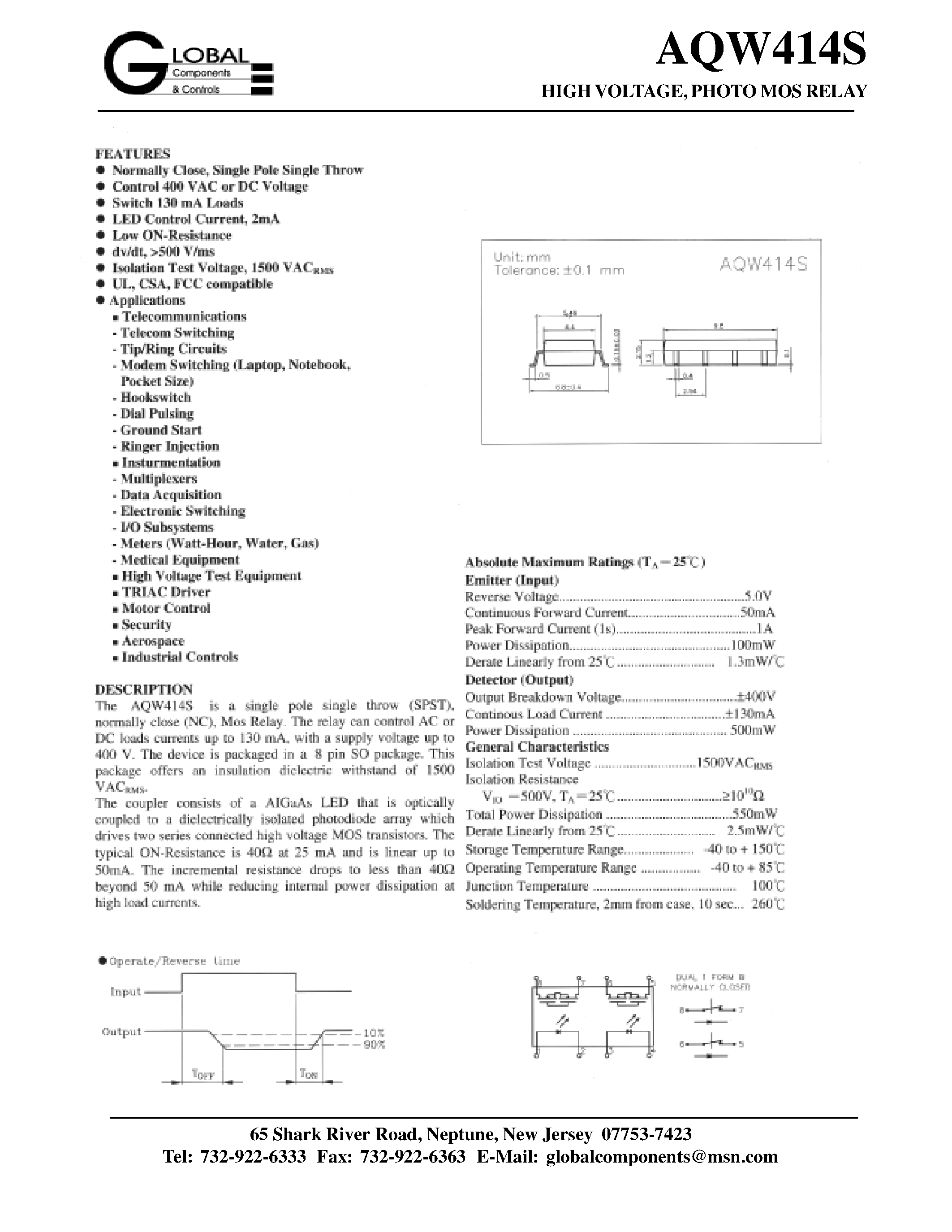 Даташит AQW414S - HIGH VOLTAGE/ PHOTO MOS RELAY страница 1