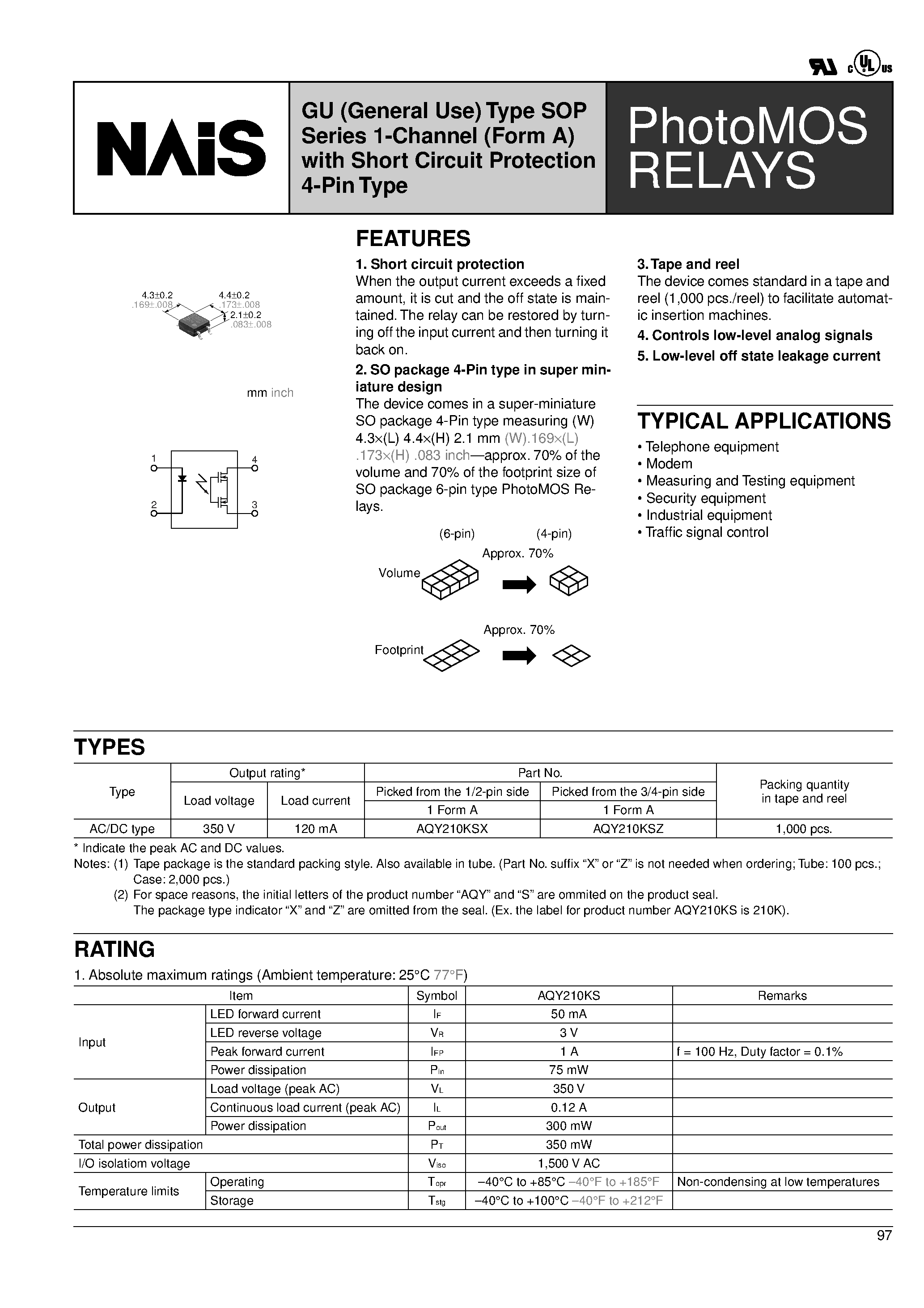 Datasheet AQY210KSX - PhotoMOS RELAYS page 1
