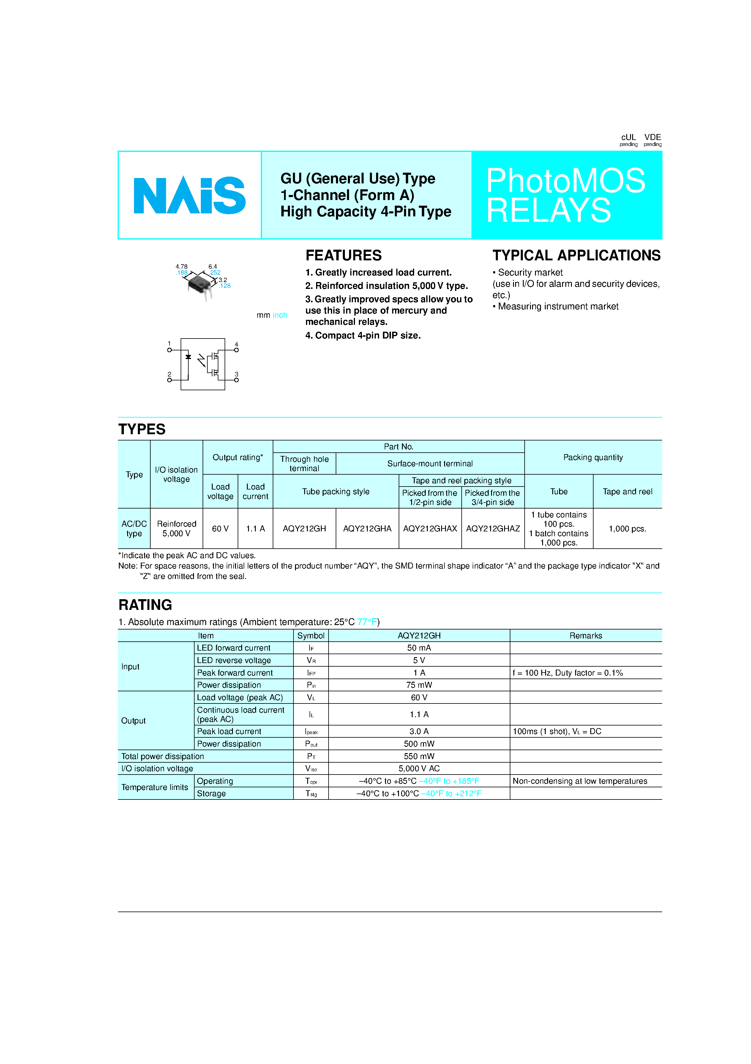 Datasheet AQY212GHAZ page 1 Datasheet AQY212GHAZ - PhotoMOS RELAYS page 1
