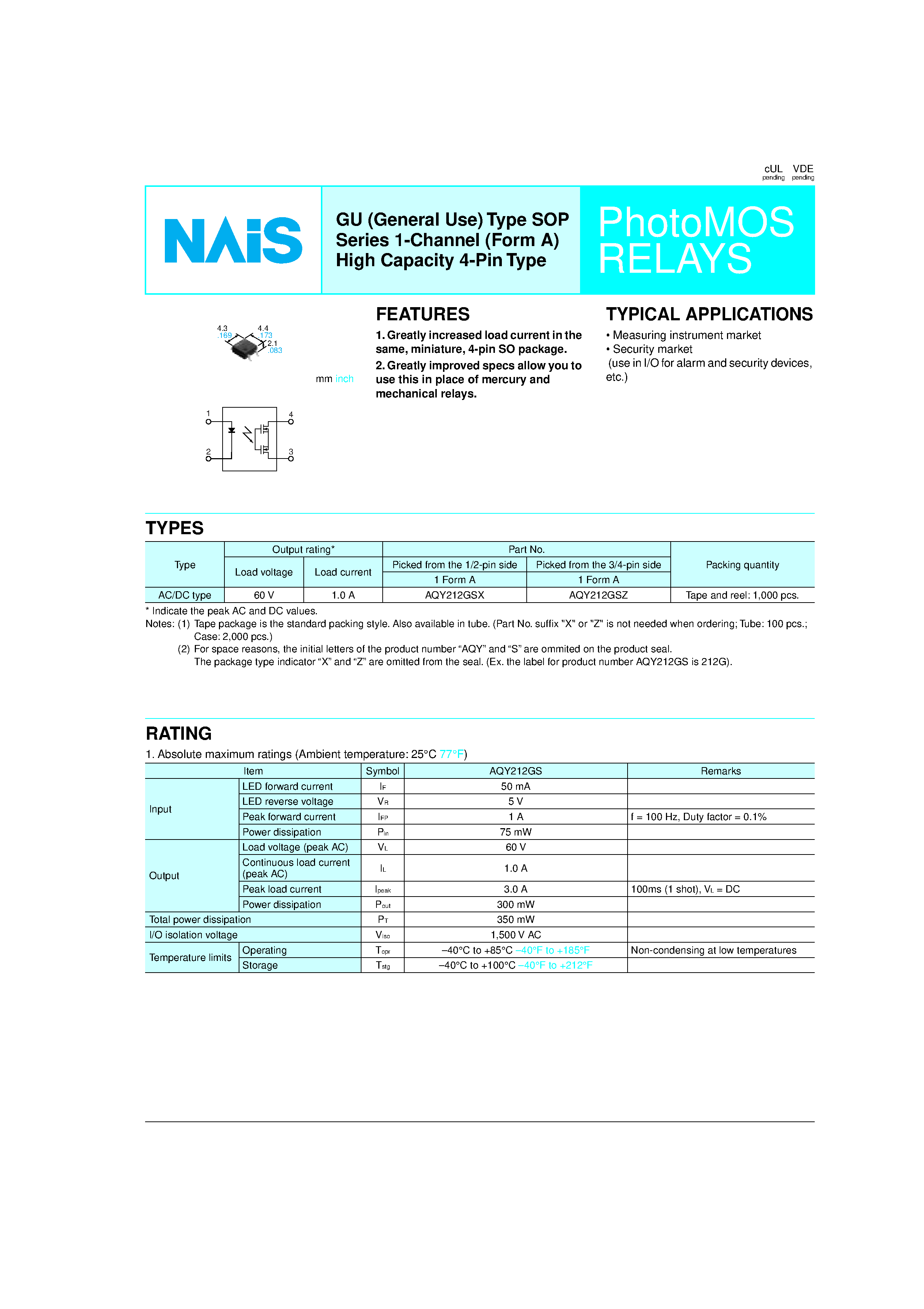 Datasheet AQY212GS page 1 Datasheet AQY212GS - PhotoMOS RELAYS page 1