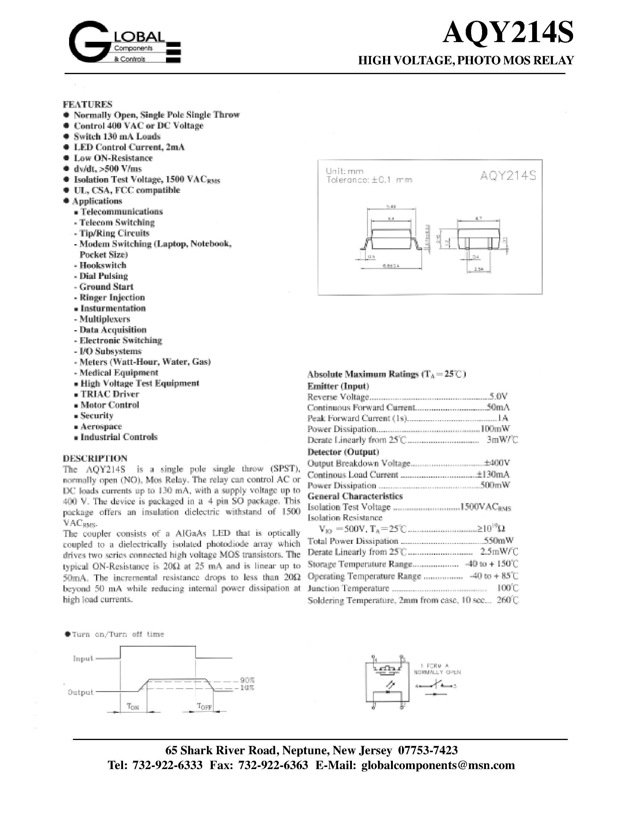 Datasheet AQY214S - GU (General Use) Type SOP Series 1- Channel (Form A) 4-Pin Type page 1