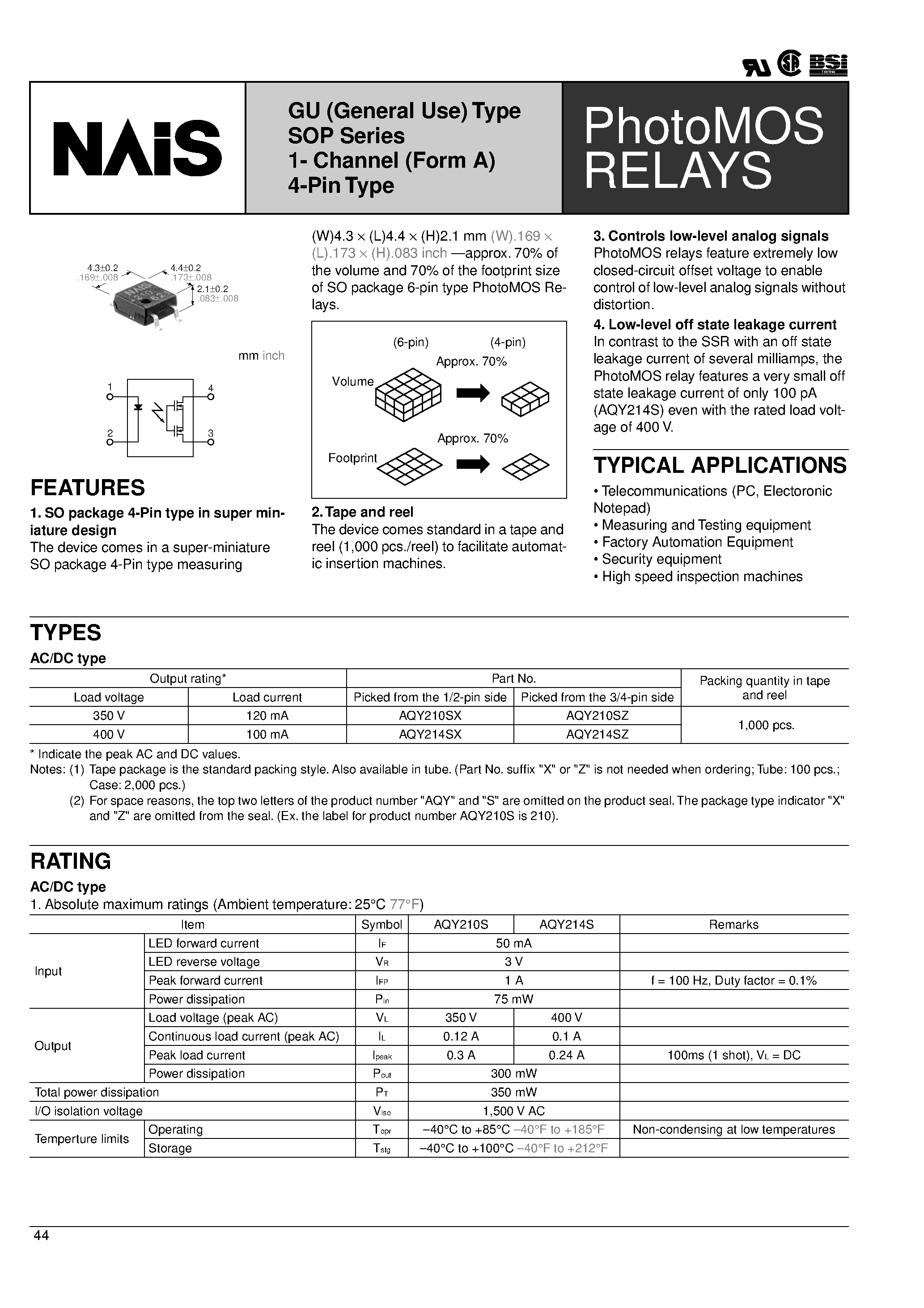 Datasheet AQY214SZ - GU (General Use) Type SOP Series 1- Channel (Form A) 4-Pin Type page 1