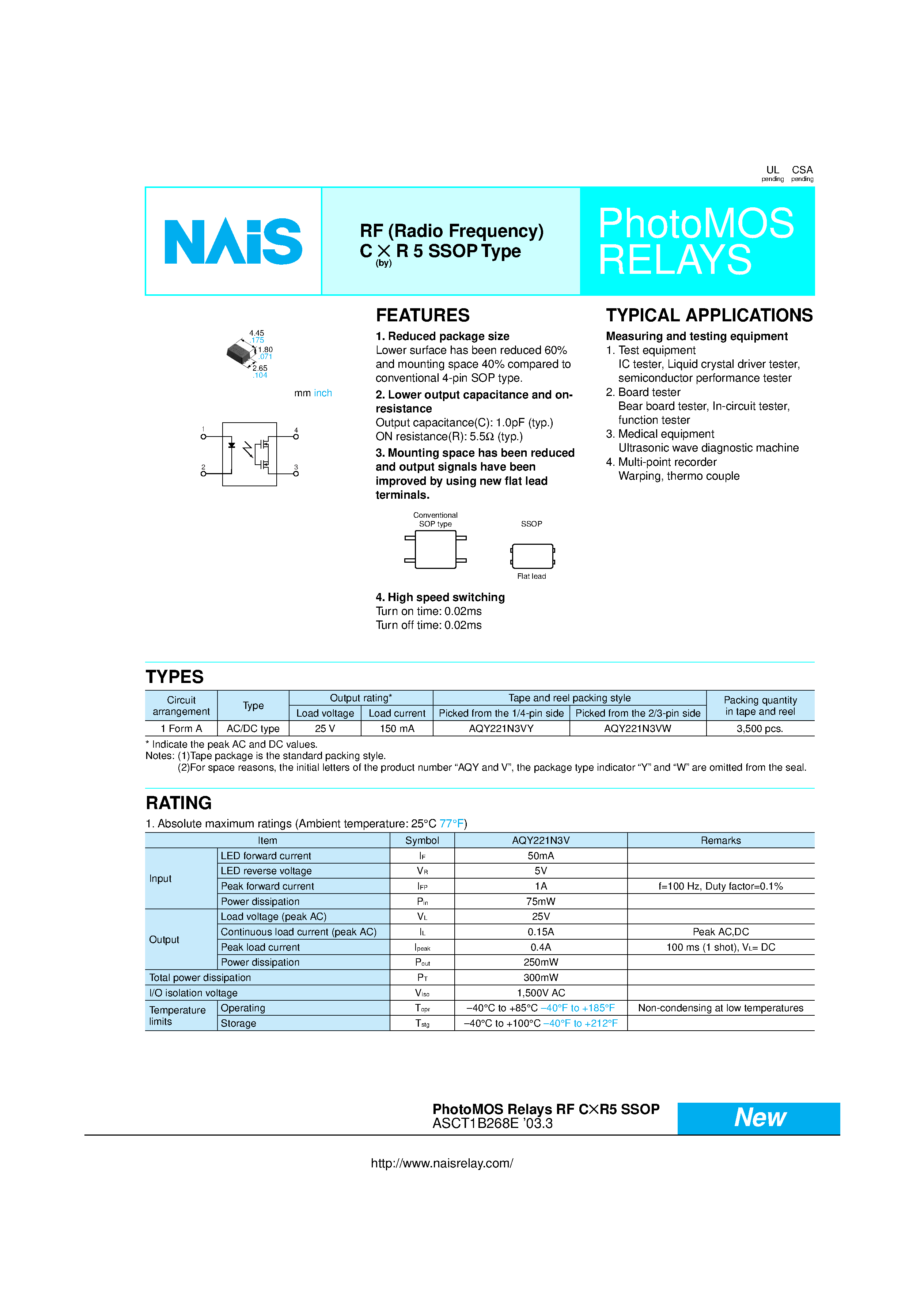 Datasheet AQY221N3VY page 1 Datasheet AQY221N3VY - PhotoMOS RELAYS page 1