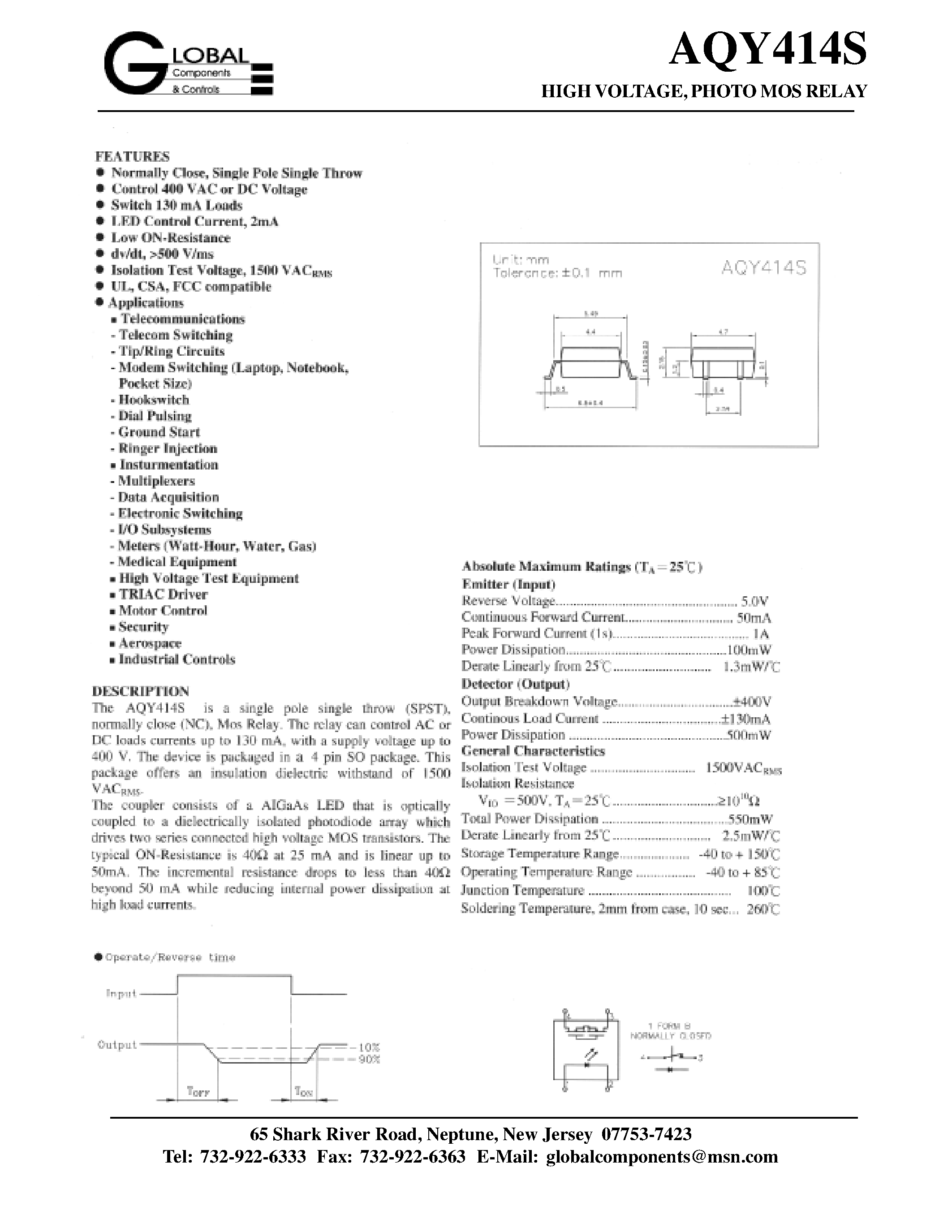 Даташит AQY414 - HIGH VOLTAGE/ PHOTO MOS RELAY страница 1