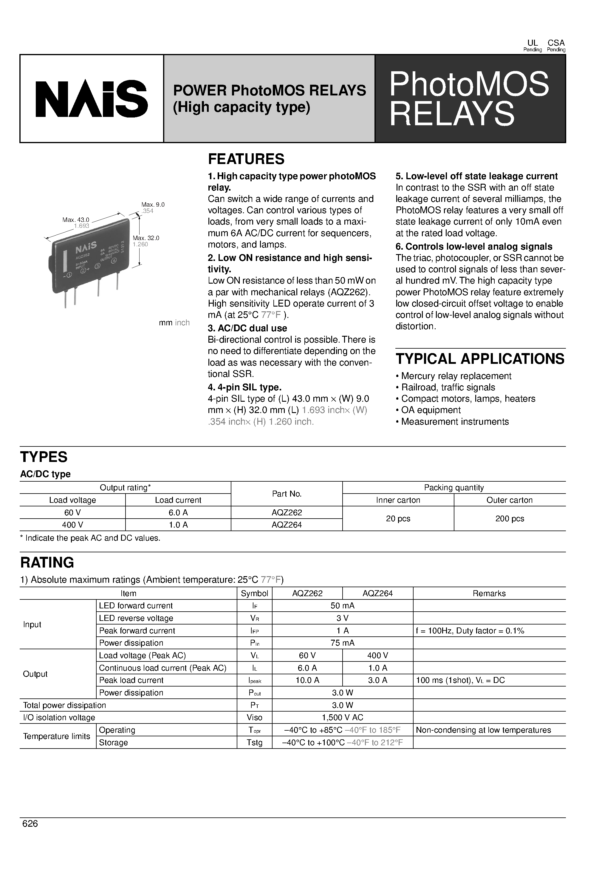 Datasheet AQZ262 - POWER PhotoMOS RELAYS (High capacity type) page 1