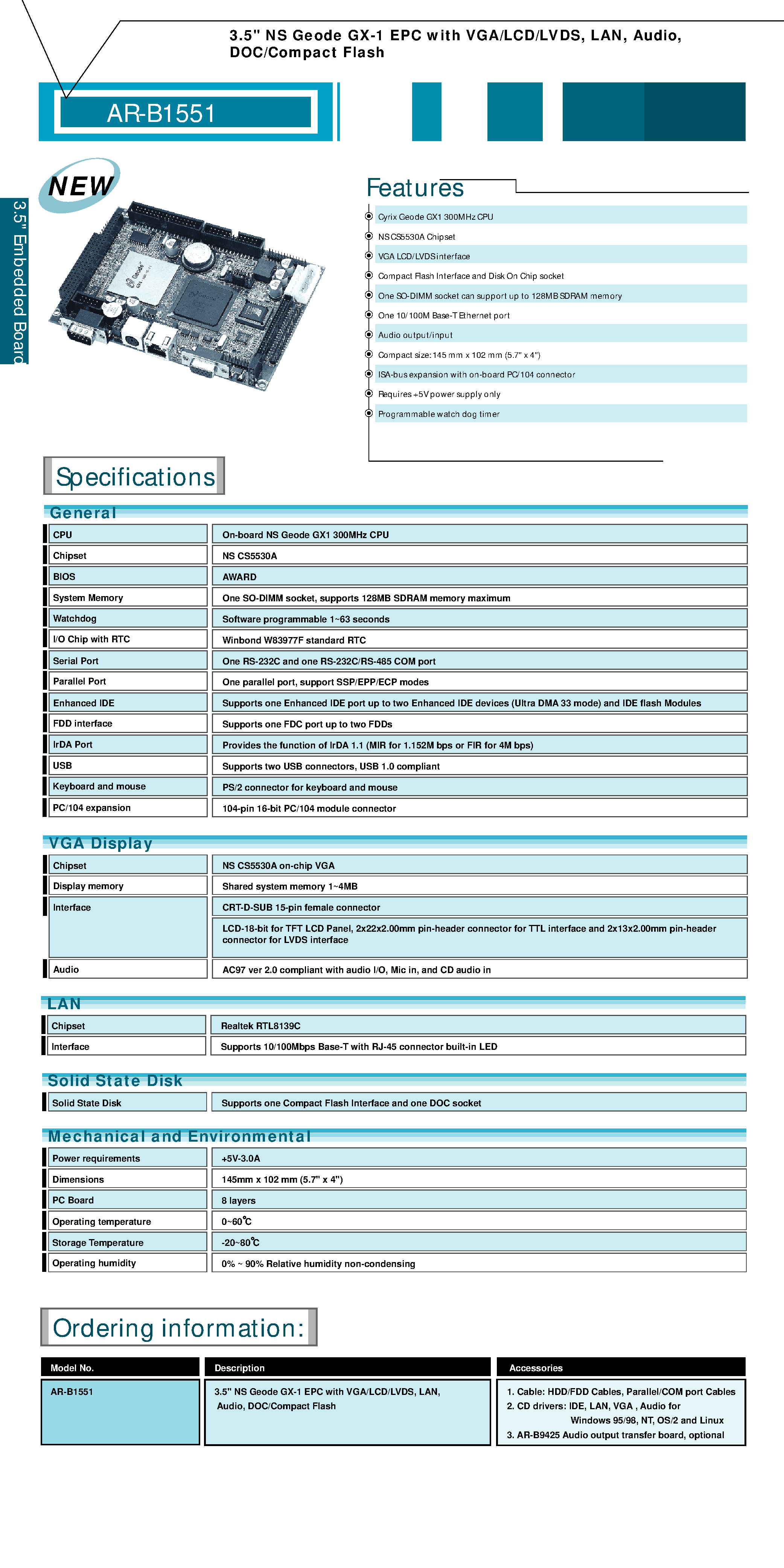 Datasheet AR-B1551 - 3.5 NS Geode GX-1 EPC with VGA/LCD/LVDS/ LAN/ Audio/ DOC/Compact Flash page 1