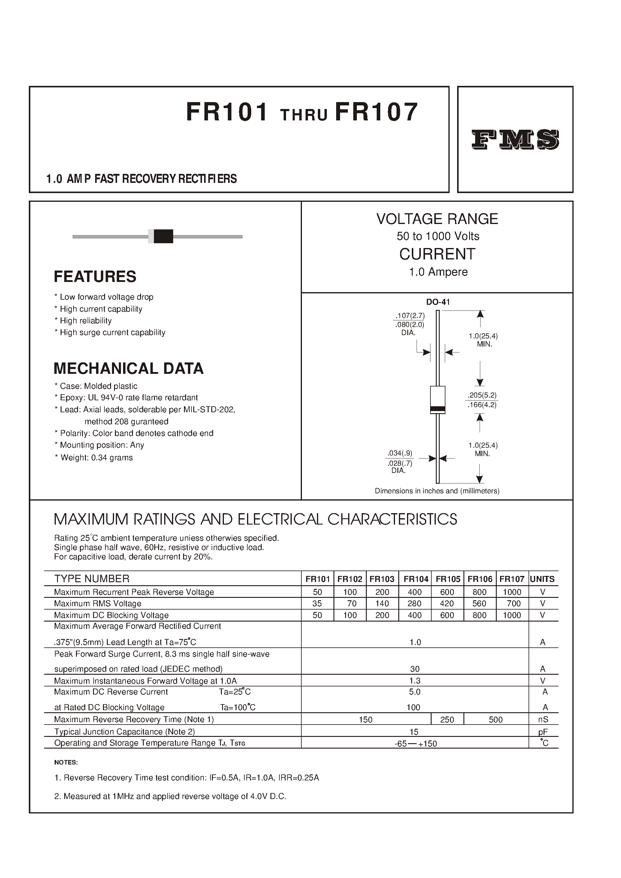Datasheet FR106 - 1.0 AMP FAST RECOVERY RECTIFIERS page 1