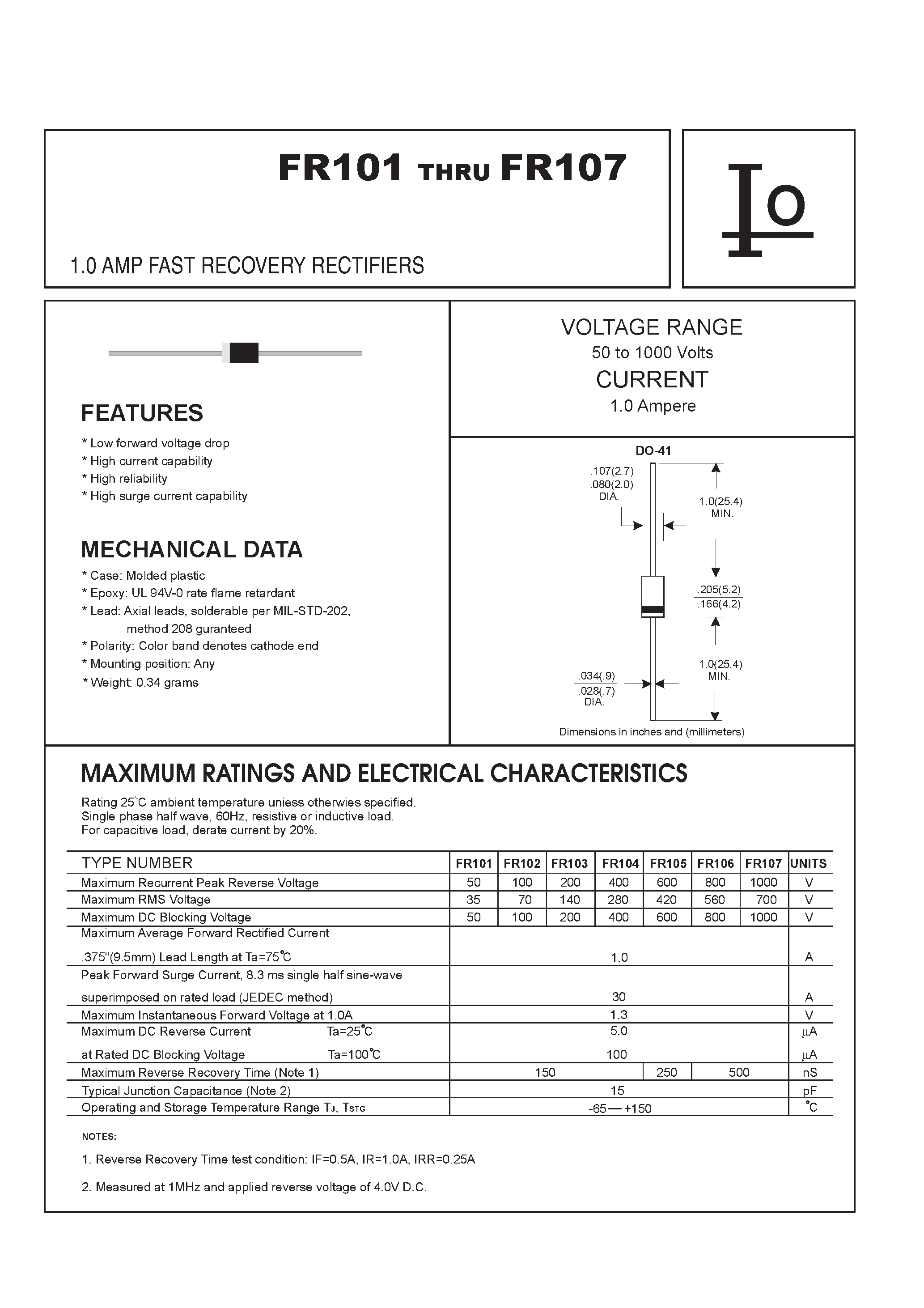 Datasheet FR107 page 1 Datasheet FR107 - 1.0 AMP FAST RECOVERY RECTIFIERS page 1
