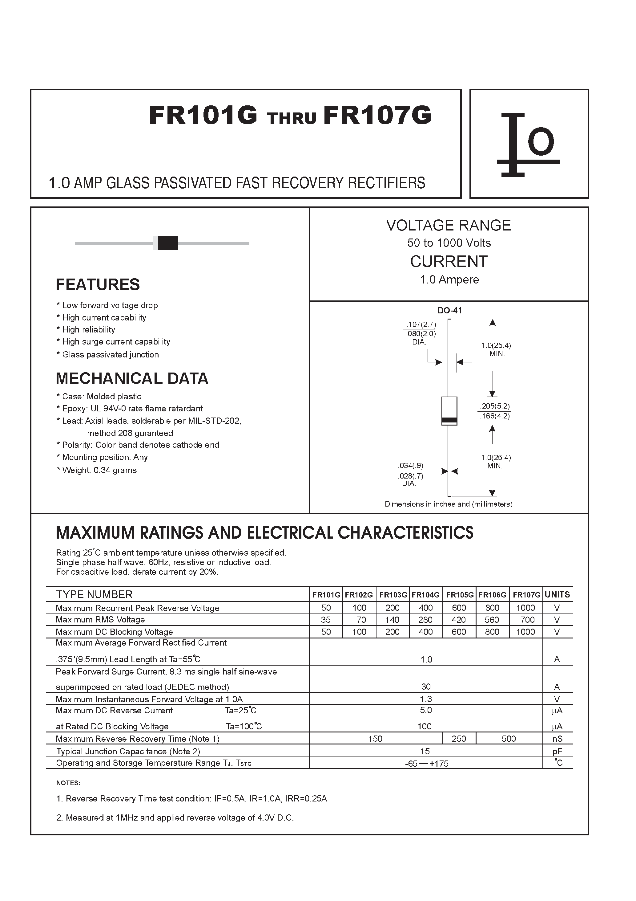 Datasheet FR107G - 1.0 AMP GLASS PASSIVATED FAST RECOVERY RECTIFIERS page 1
