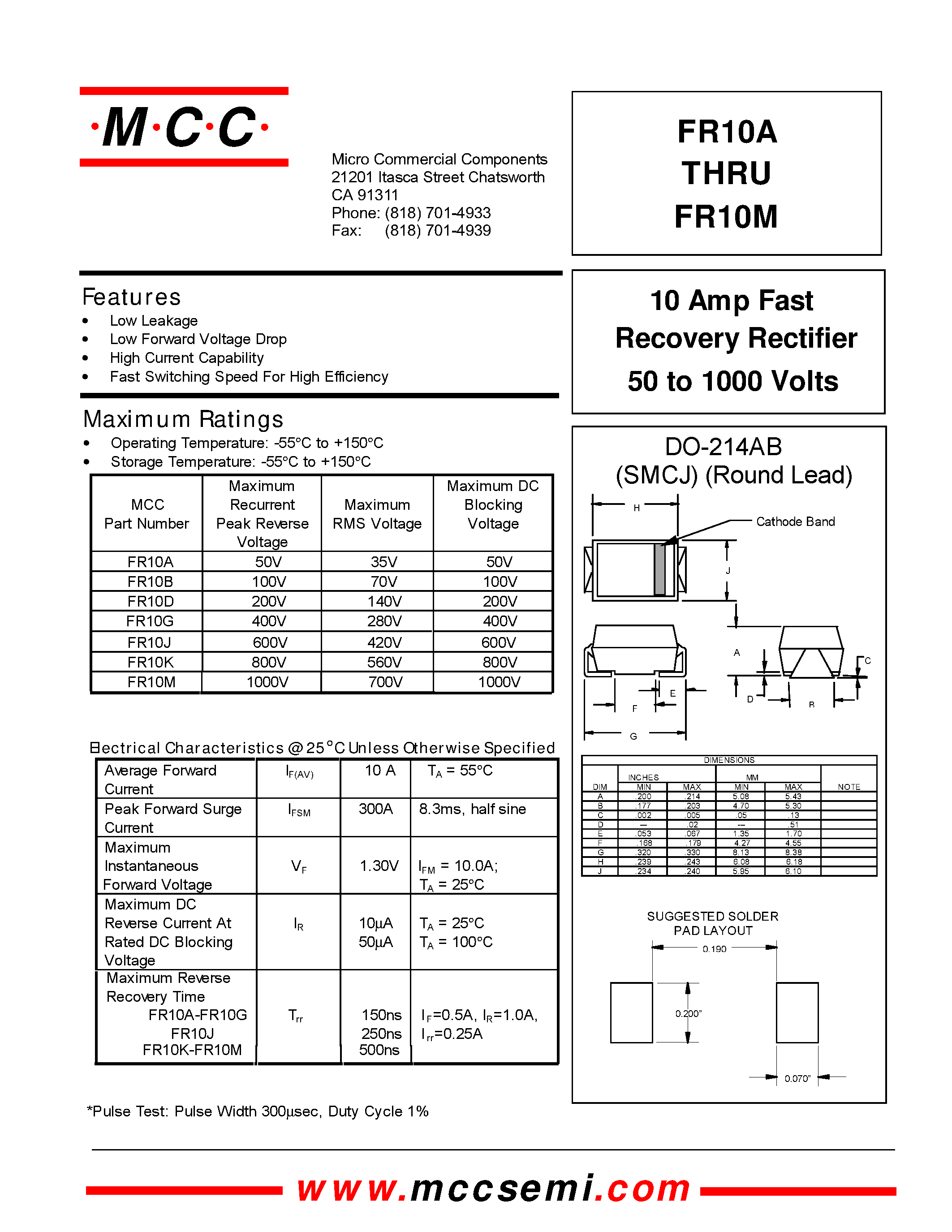Datasheet FR10A - 10 Amp Fast Recovery Rectifier 50 to 1000 Volts page 1