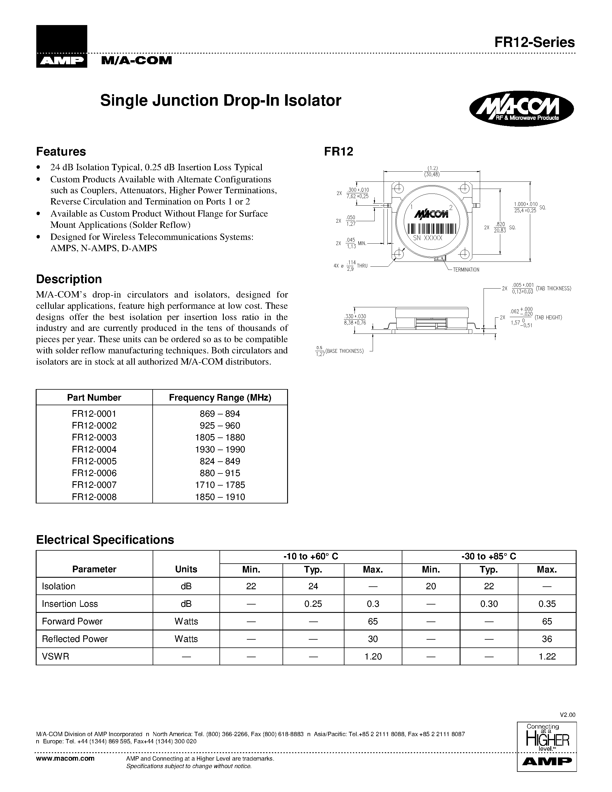 Даташит FR12-0001 - 3- Port DROP - IN CIRCULATOR / ISOLATOR 869 - 894 MHz страница 1