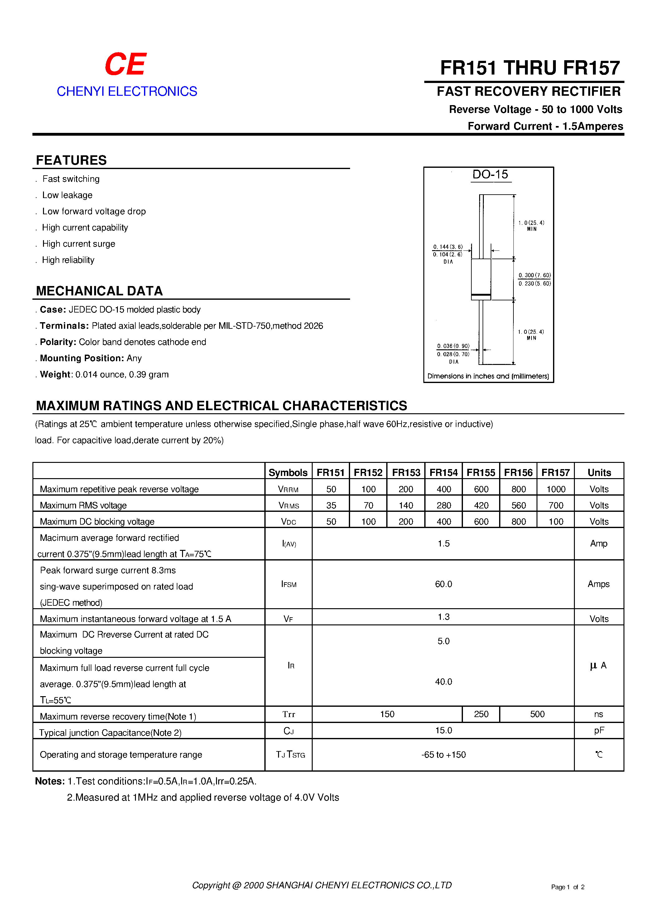 Datasheet FR152 - FAST RECOVERY RECTIFIER page 1