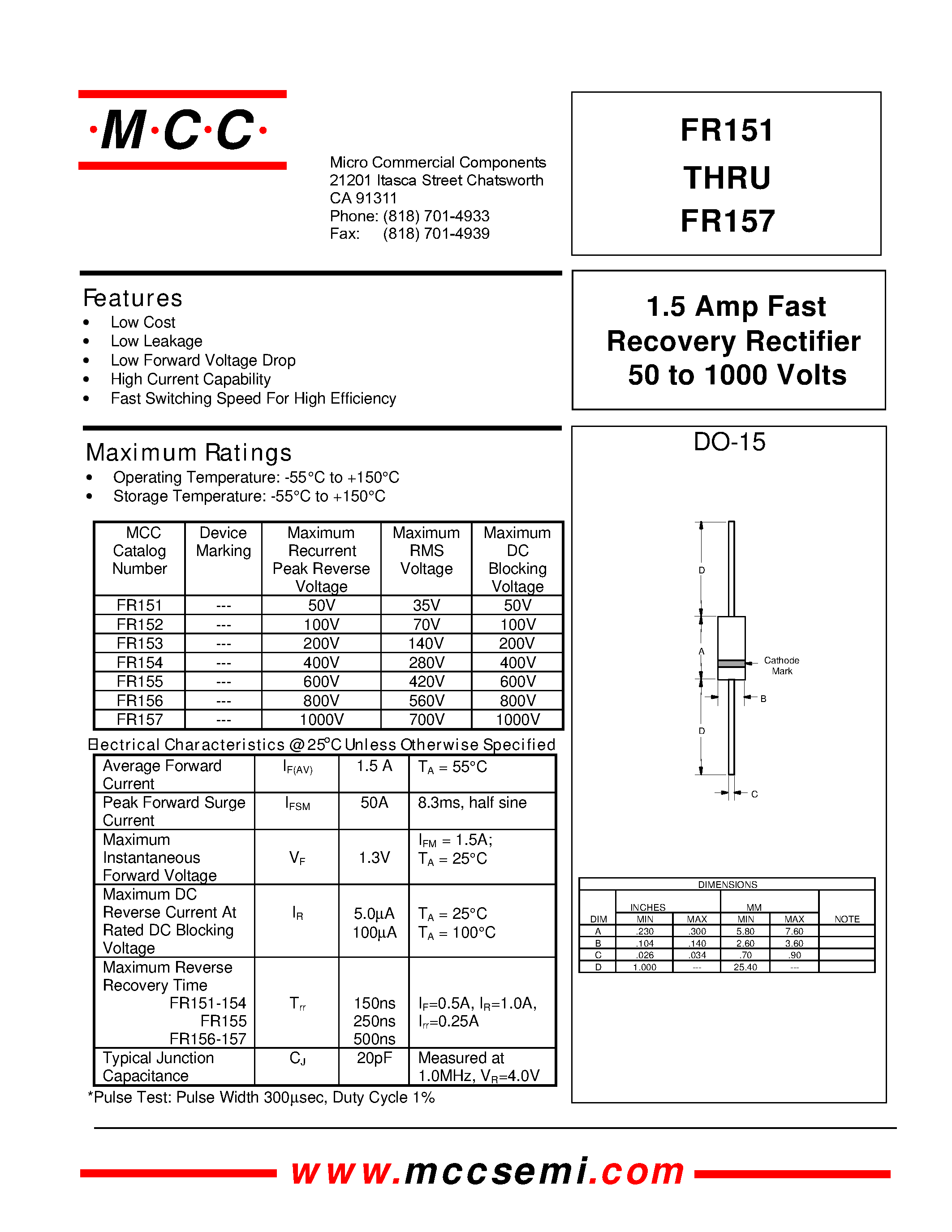 Даташит на микросхему FR153 страница 1 Даташит FR153 - 1.5 Amp Fast Recovery Rectifier 50 to 1000 Volts страница 1