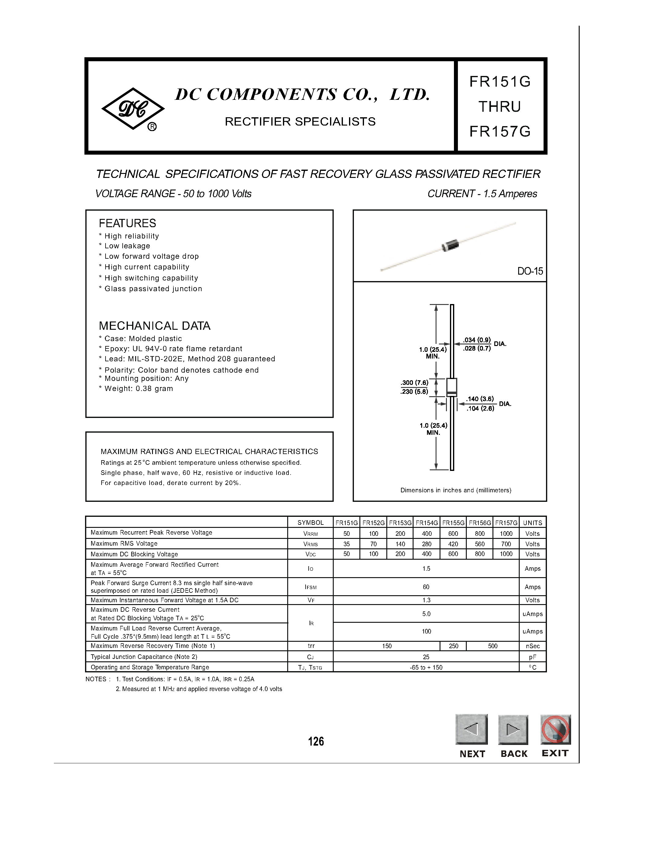 Datasheet FR153G page 1 Datasheet FR153G - TECHNICAL SPECIFICATIONS OF FAST RECOVERY GLASS PASSIVATED RECTIFIER page 1