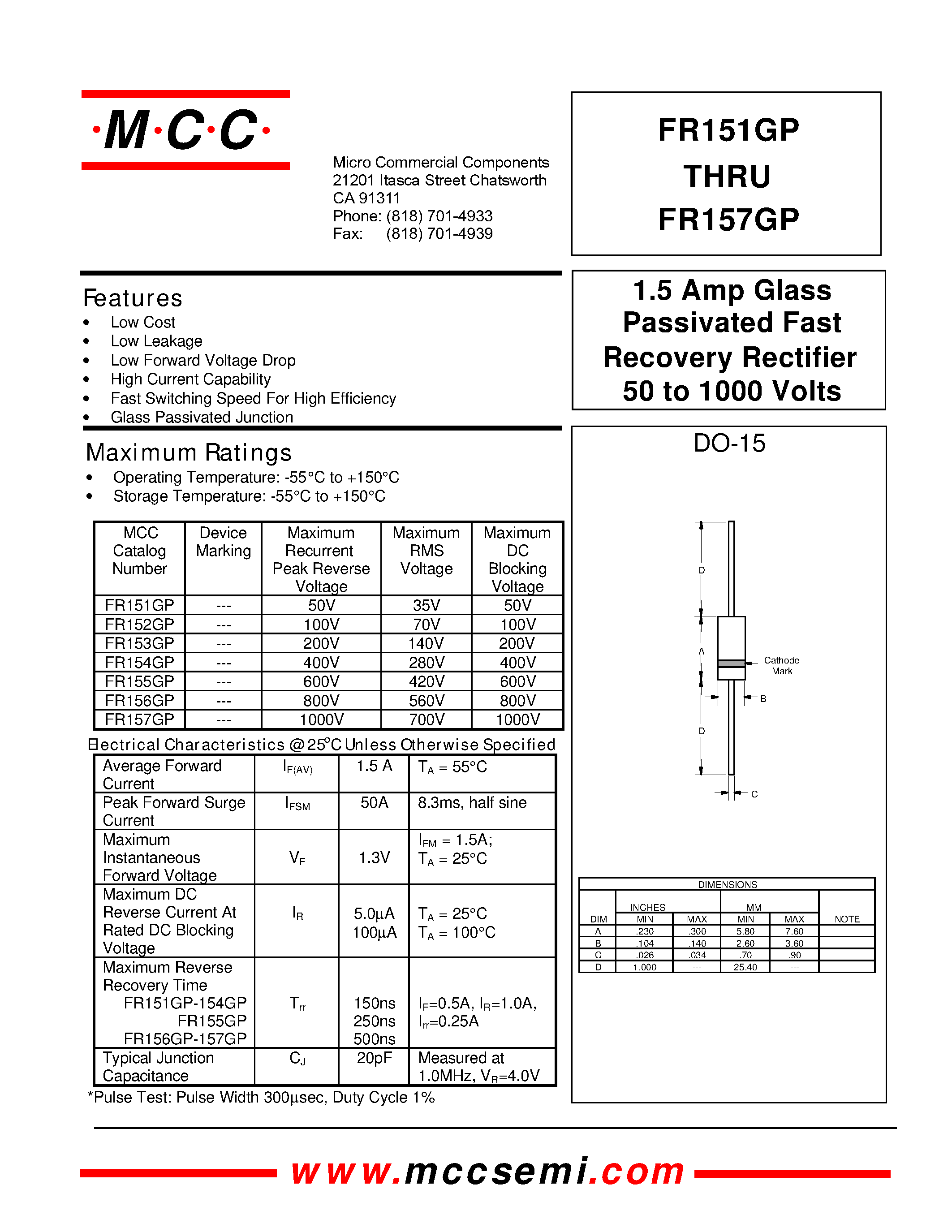 Datasheet FR155GP page 1 Datasheet FR155GP - 1.5 Amp Glass Passivated Fast Recovery Rectifier 50 to 1000 Volts page 1