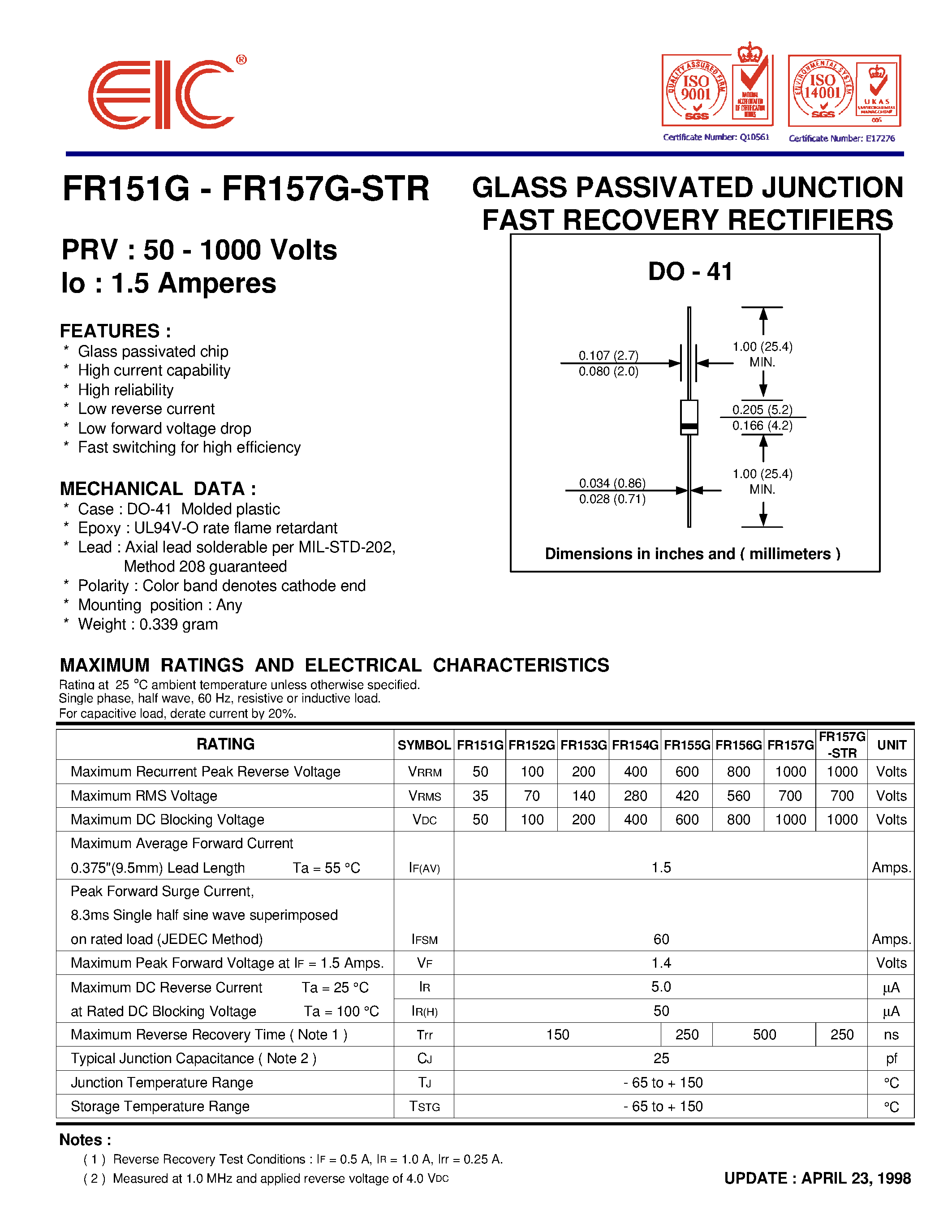 Datasheet FR156G page 1 Datasheet FR156G - GLASS PASSIVATED JUNCTION FAST RECOVERY RECTIFIERS page 1
