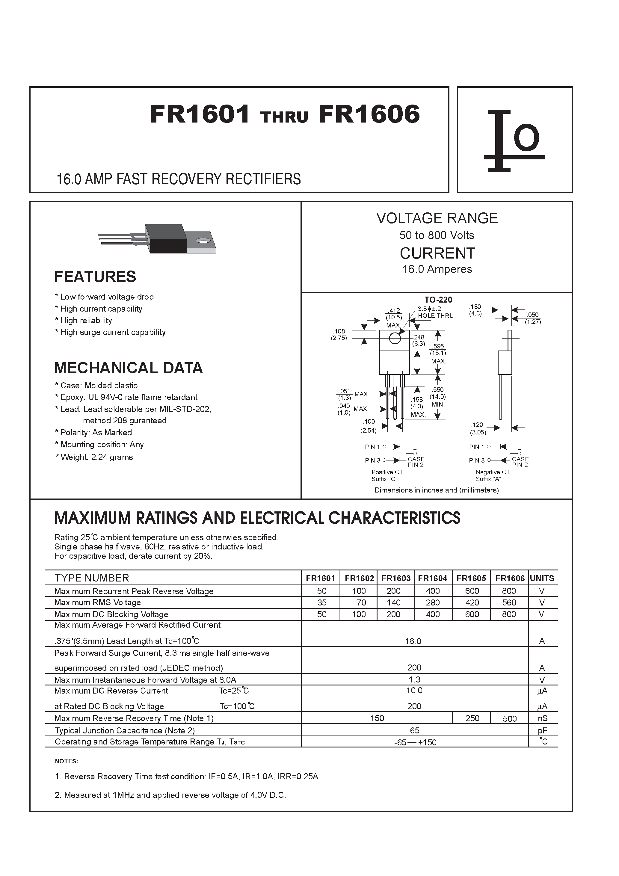 Datasheet FR1606 page 1 Datasheet FR1606 - 16.0 AMP FAST RECOVERY RECTIFIERS page 1