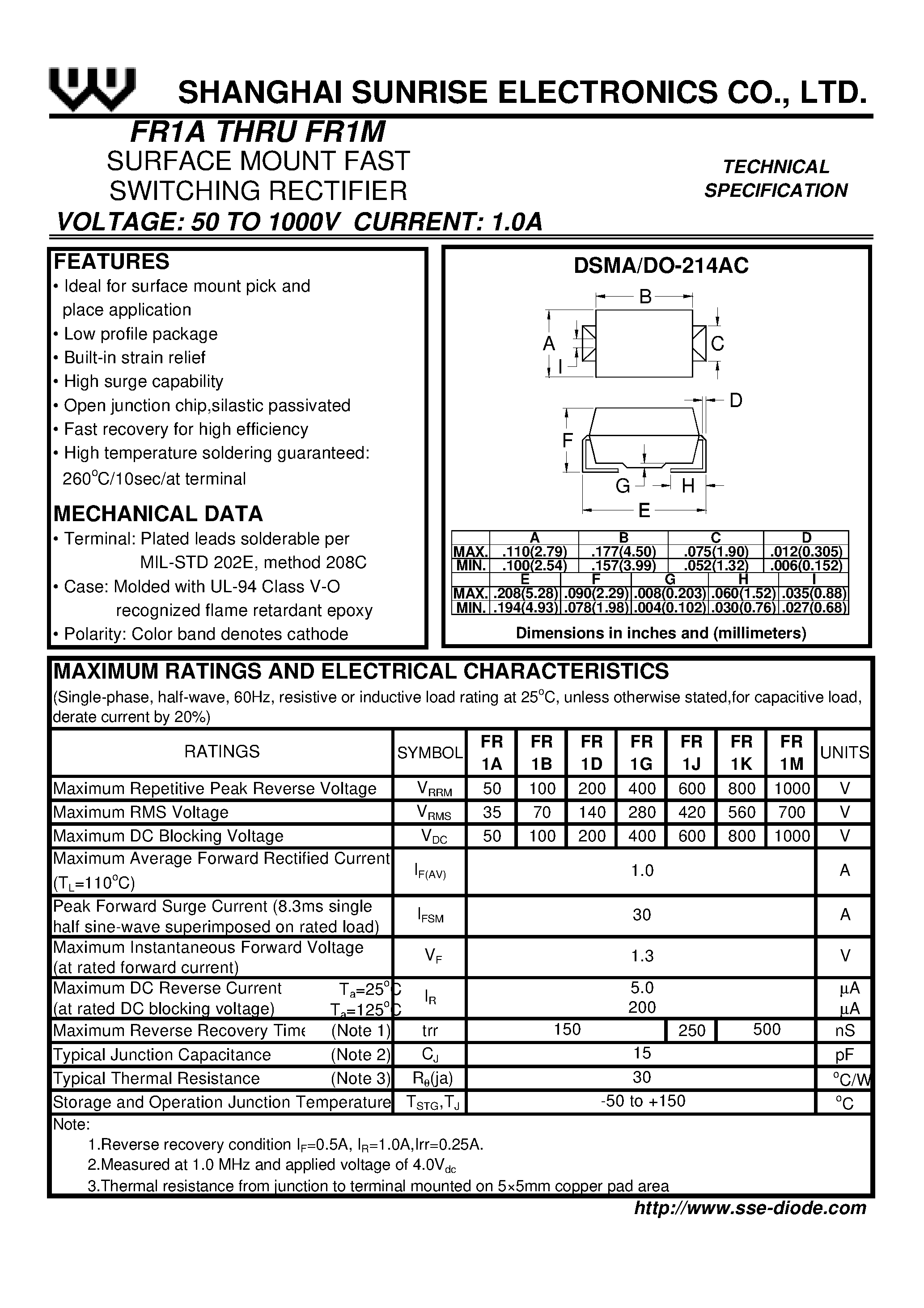 Datasheet FR1A - SURFACE MOUNT FAST SWITCHING RECTIFIER page 1