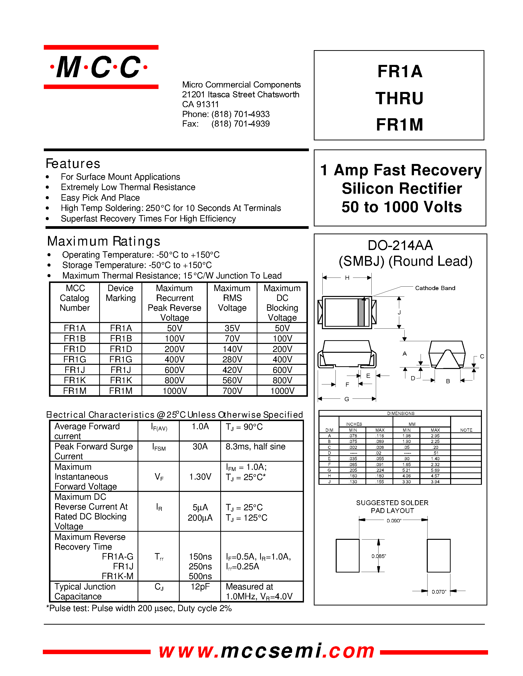 Даташит на микросхему FR1K страница 1 Даташит FR1K - 1 Amp Fast Recovery Silicon Rectifier 50 to 1000 Volts страница 1