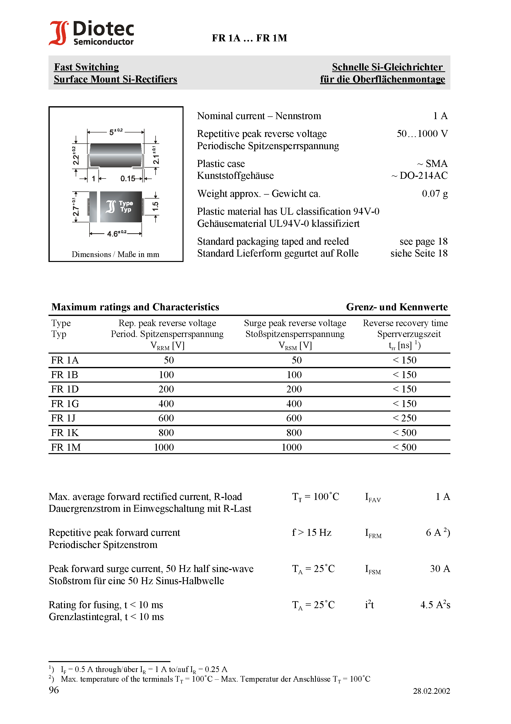Datasheet FR1K page 1 Datasheet FR1K - Fast Switching Surface Mount Si-Rectifiers page 1