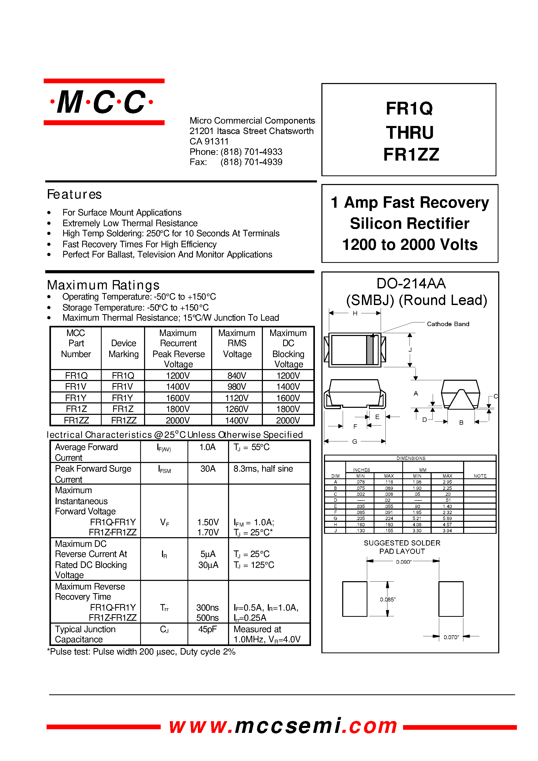 Даташит на микросхему FR1ZZ страница 1 Даташит FR1ZZ - 1 Amp Fast Recovery Silicon Rectifier 1200 to 2000 Volts страница 1