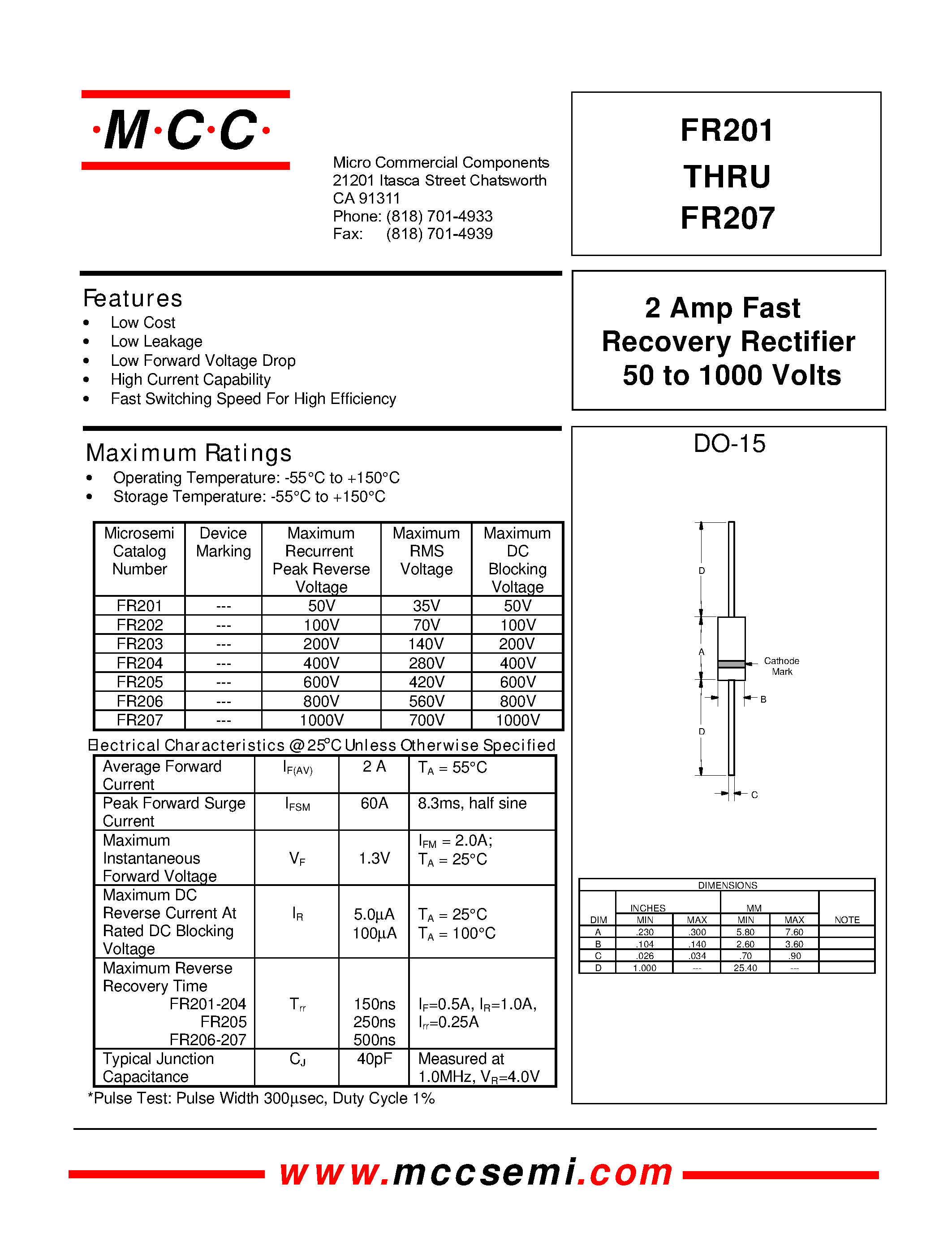 Datasheet FR203 - 2 Amp Fast Recovery Rectifier 50 to 1000 Volts page 1