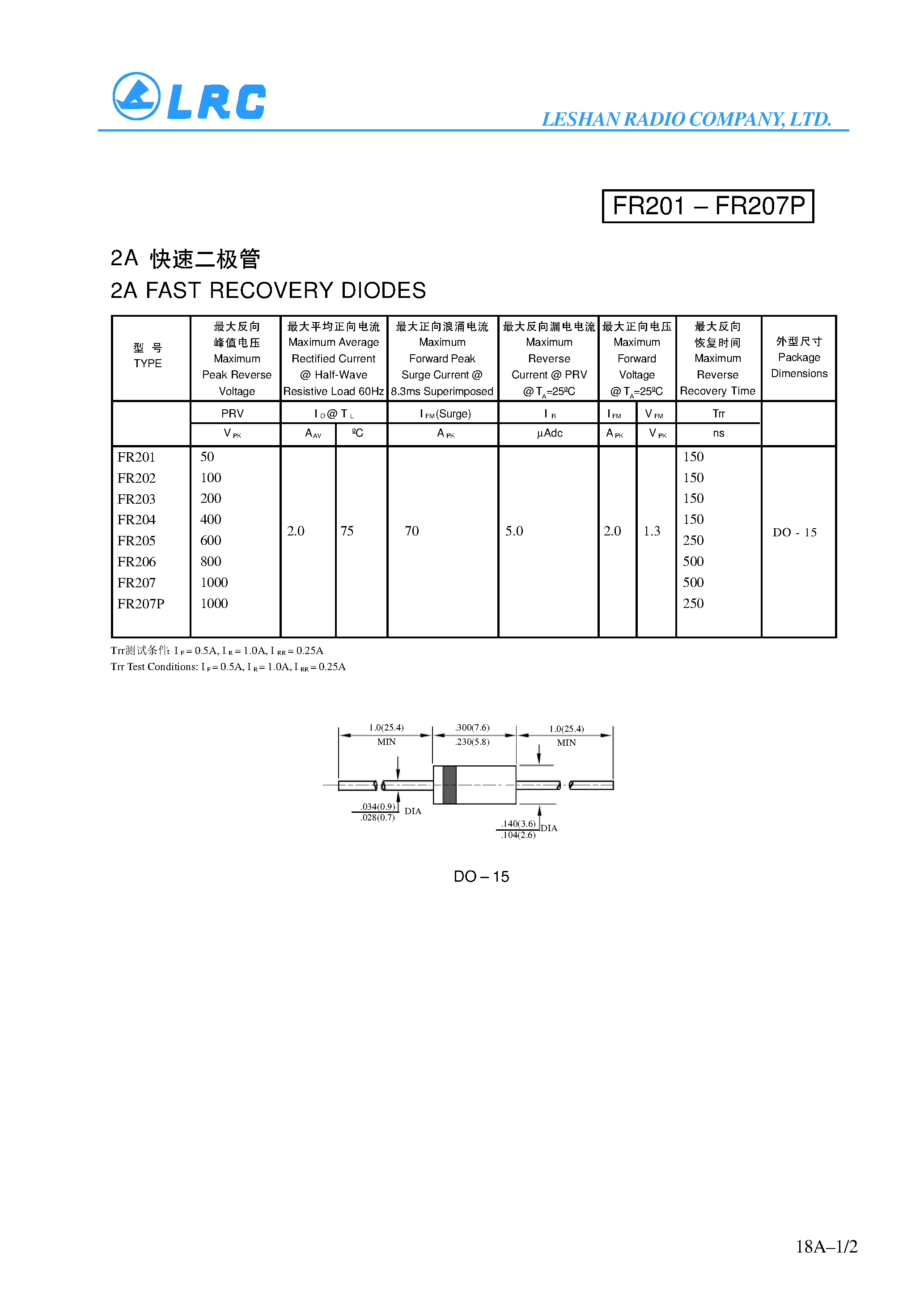 Даташит на микросхему FR207P страница 1 Даташит FR207P - 2A FAST RECOVERY DIODES страница 1