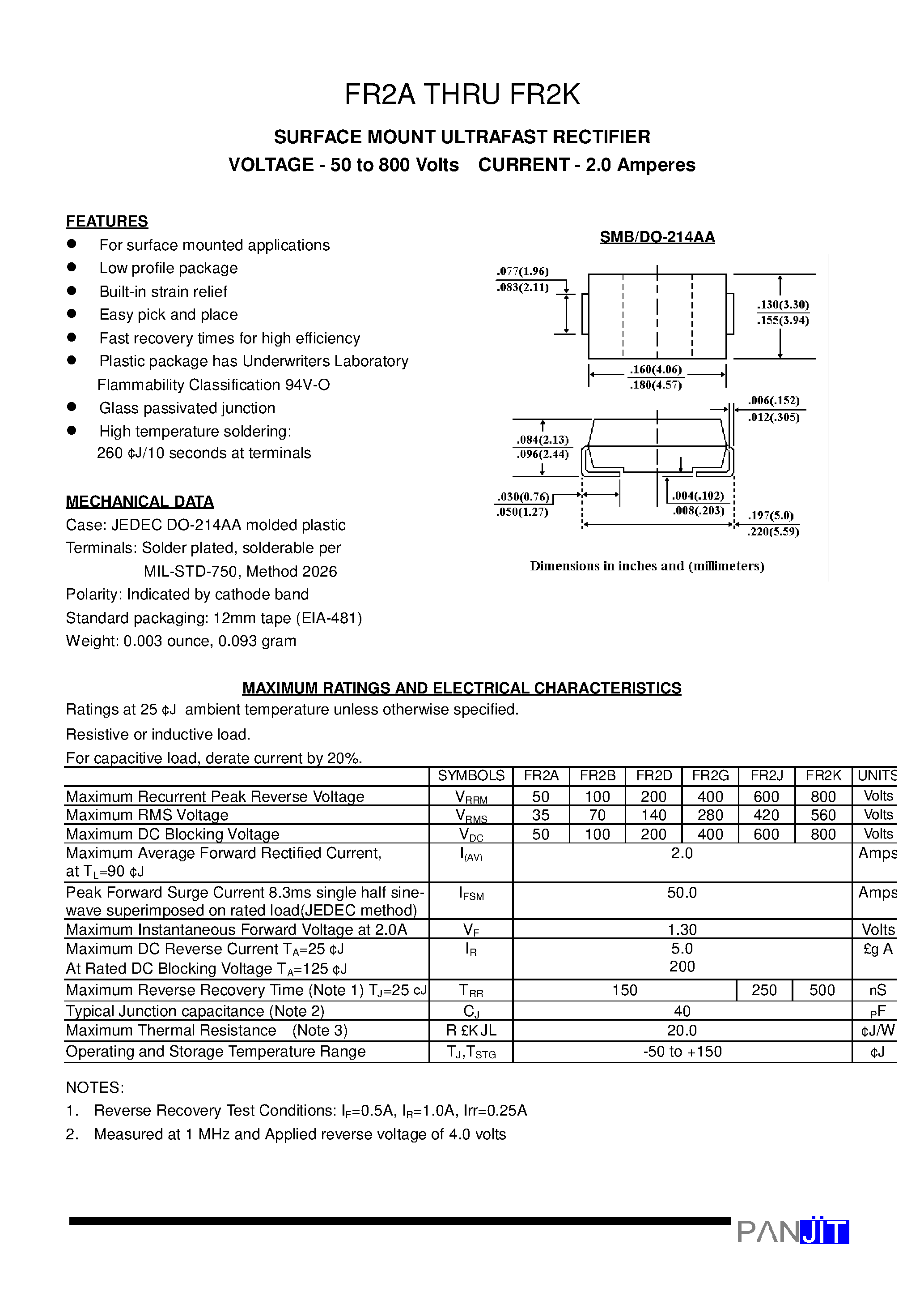 Datasheet FR2A - SURFACE MOUNT ULTRAFAST RECTIFIER(VOLTAGE - 50 to 800 Volts CURRENT - 2.0 Amperes) page 1