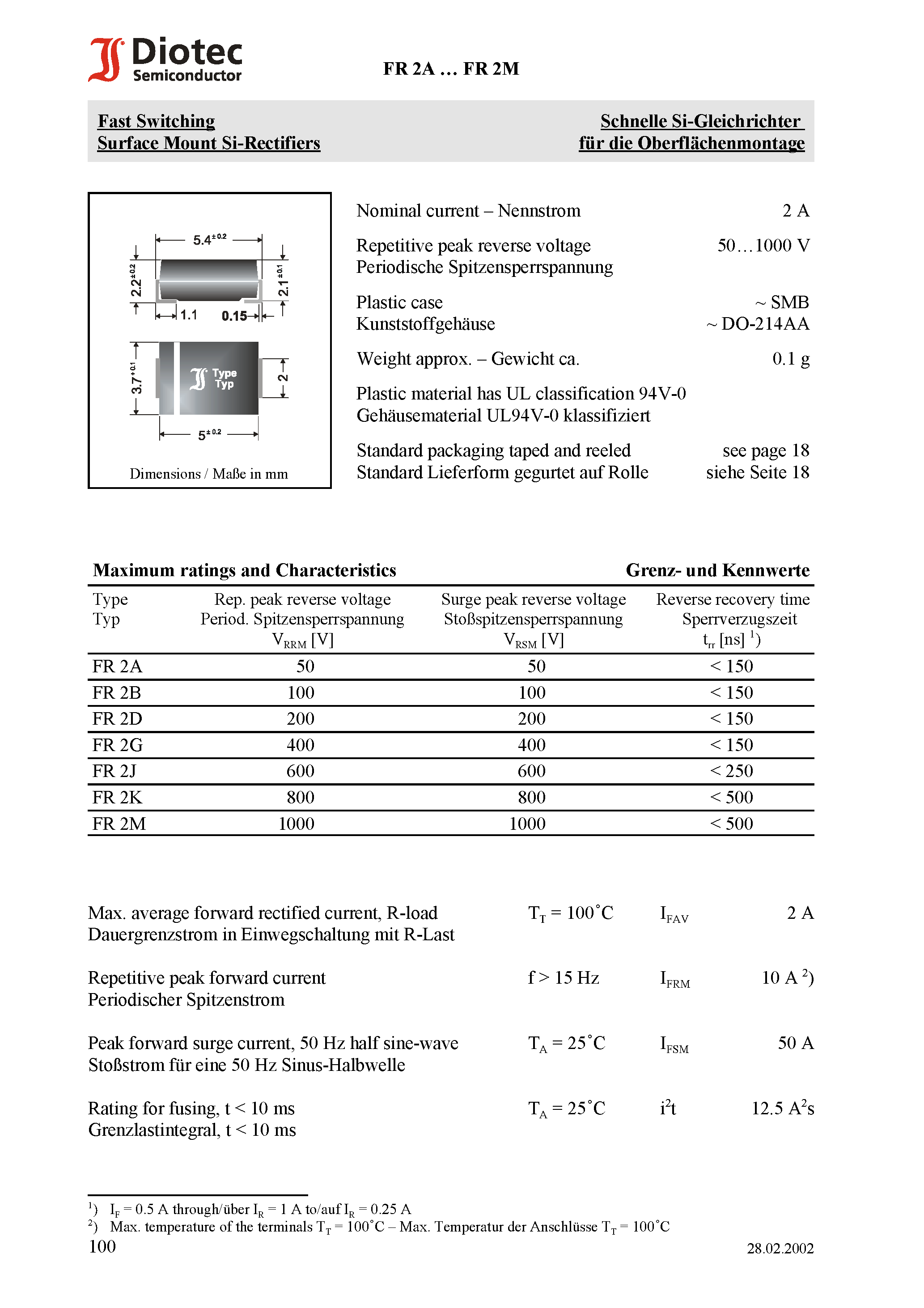Datasheet FR2D - Fast Switching Surface Mount Si-Rectifiers page 1