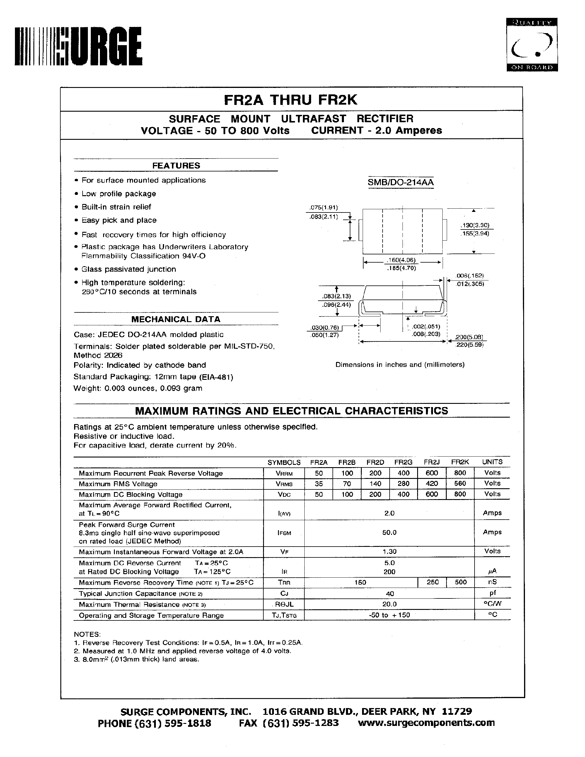 Datasheet FR2G - SURFACE MOUNT ULTRAFAST RECTIFIER VOLTAGE - 50 TO 800 Volts CURRENT - 2.0 Amperes page 1