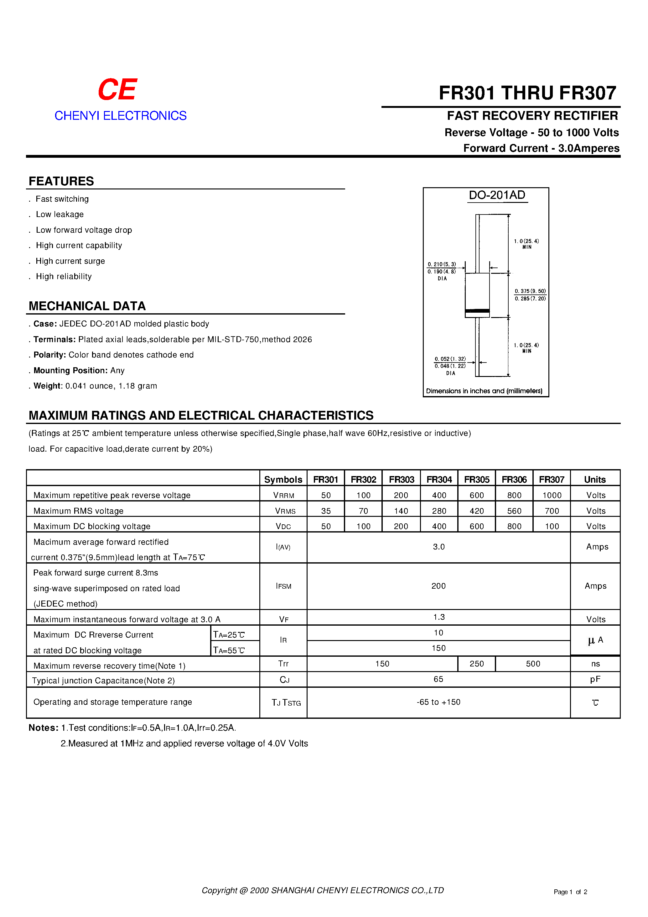 Datasheet FR301 page 1 Datasheet FR301 - FAST RECOVERY RECTIFIER page 1
