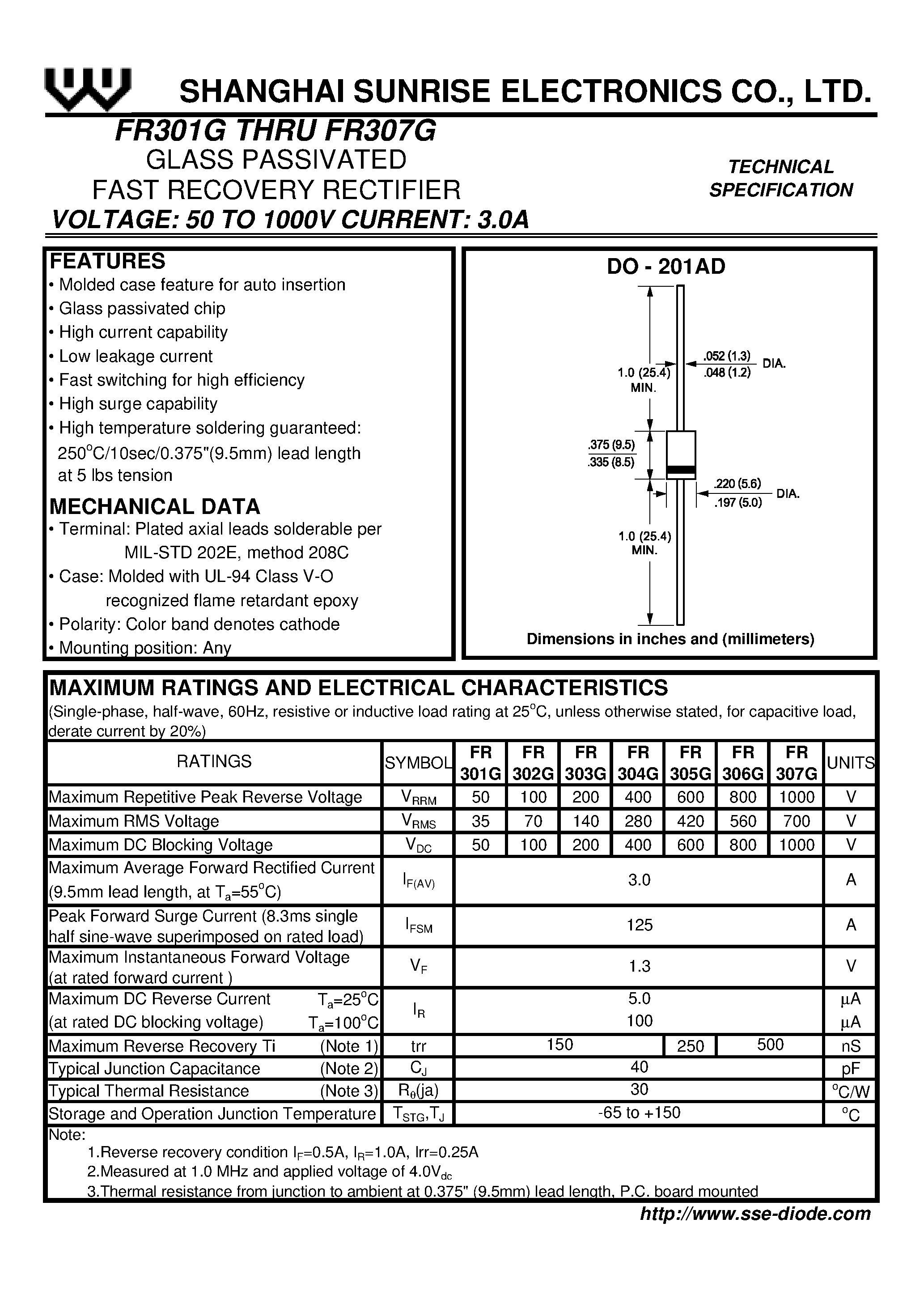 Datasheet FR301G page 1 Datasheet FR301G - GLASS PASSIVATED FAST RECOVERY RECTIFIER page 1