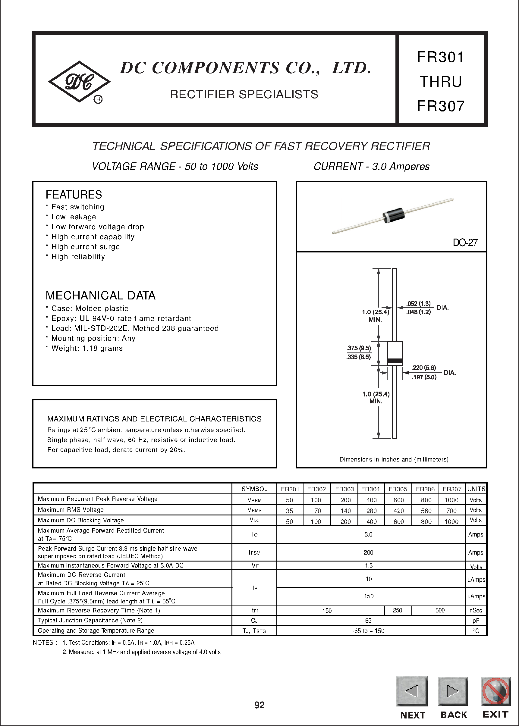 Datasheet FR302 - TECHNICAL SPECIFICATIONS OF FAST RECOVERY RECTIFIER page 1