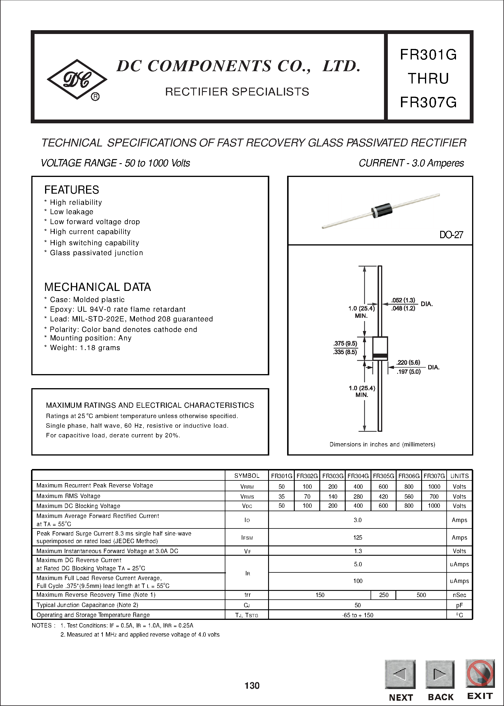 Datasheet FR303G - TECHNICAL SPECIFICATIONS OF FAST RECOVERY GLASS PASSIVATED RECTIFIER page 1