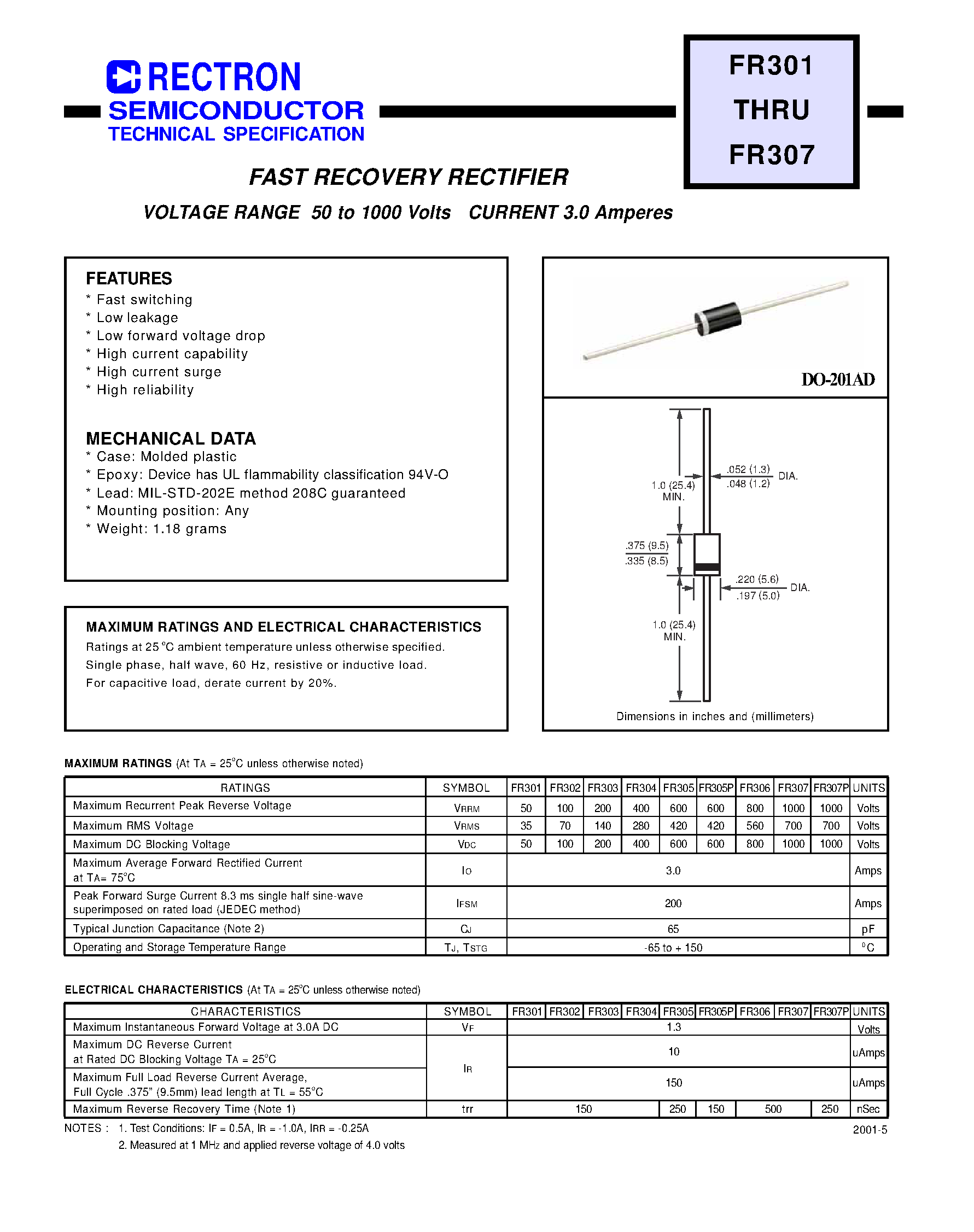 Datasheet FR304 - FAST RECOVERY RECTIFIER (VOLTAGE RANGE 50 to 1000 Volts CURRENT 3.0 Amperes) page 1