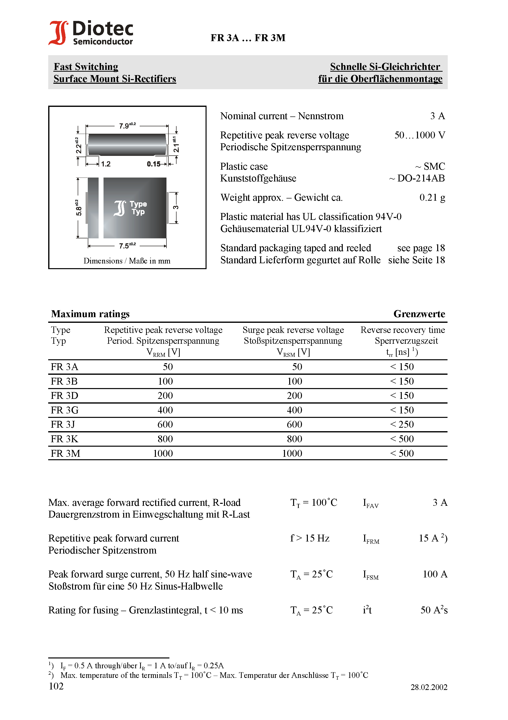 Datasheet FR3D page 1 Datasheet FR3D - Fast Switching Surface Mount Si-Rectifiers page 1