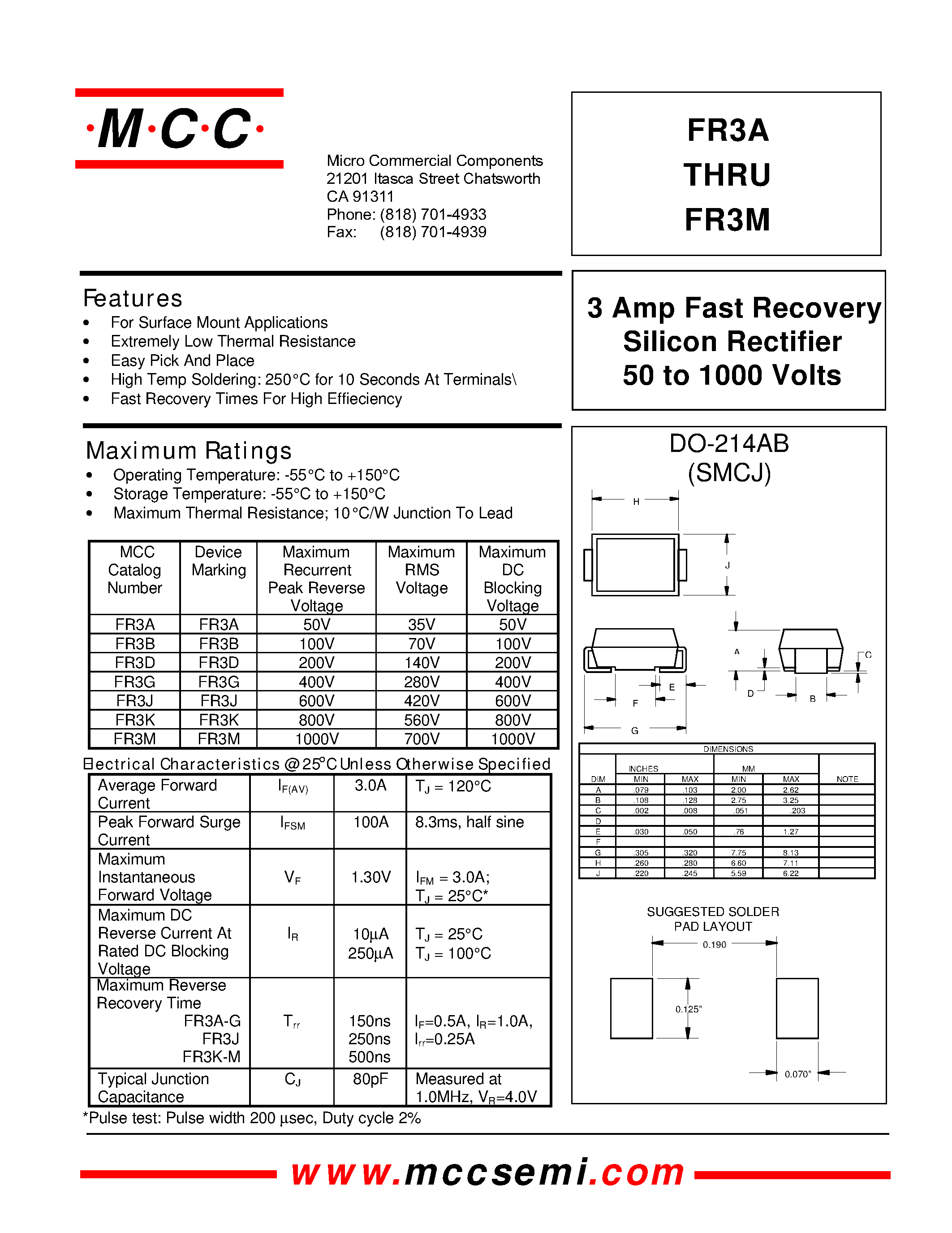 Datasheet FR3J - 3 Amp Fast Recovery Silicon Rectifier 50 to 1000 Volts page 1