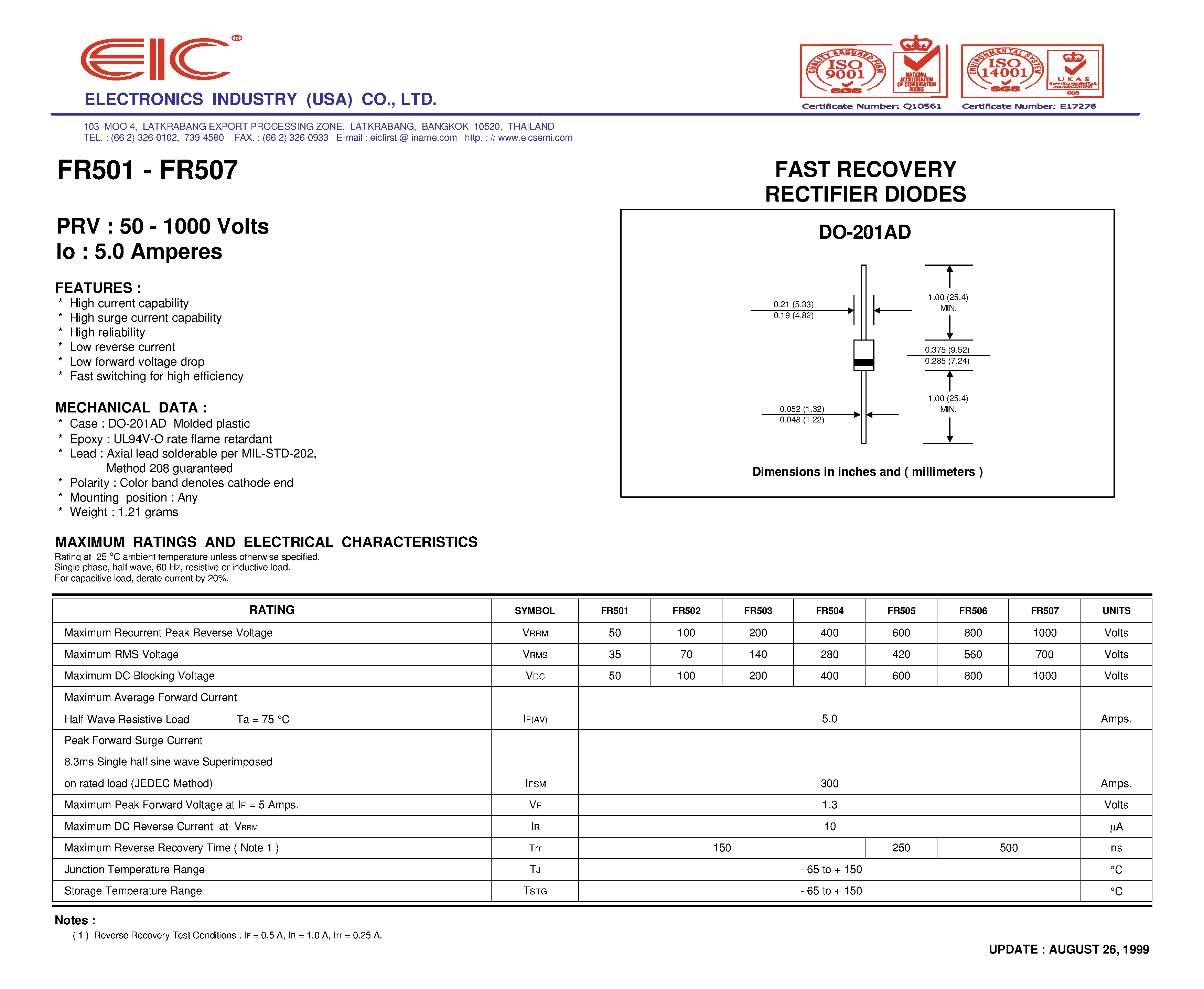 Datasheet FR505 page 1 Datasheet FR505 - FAST RECOVERY RECTIFIER DIODES page 1