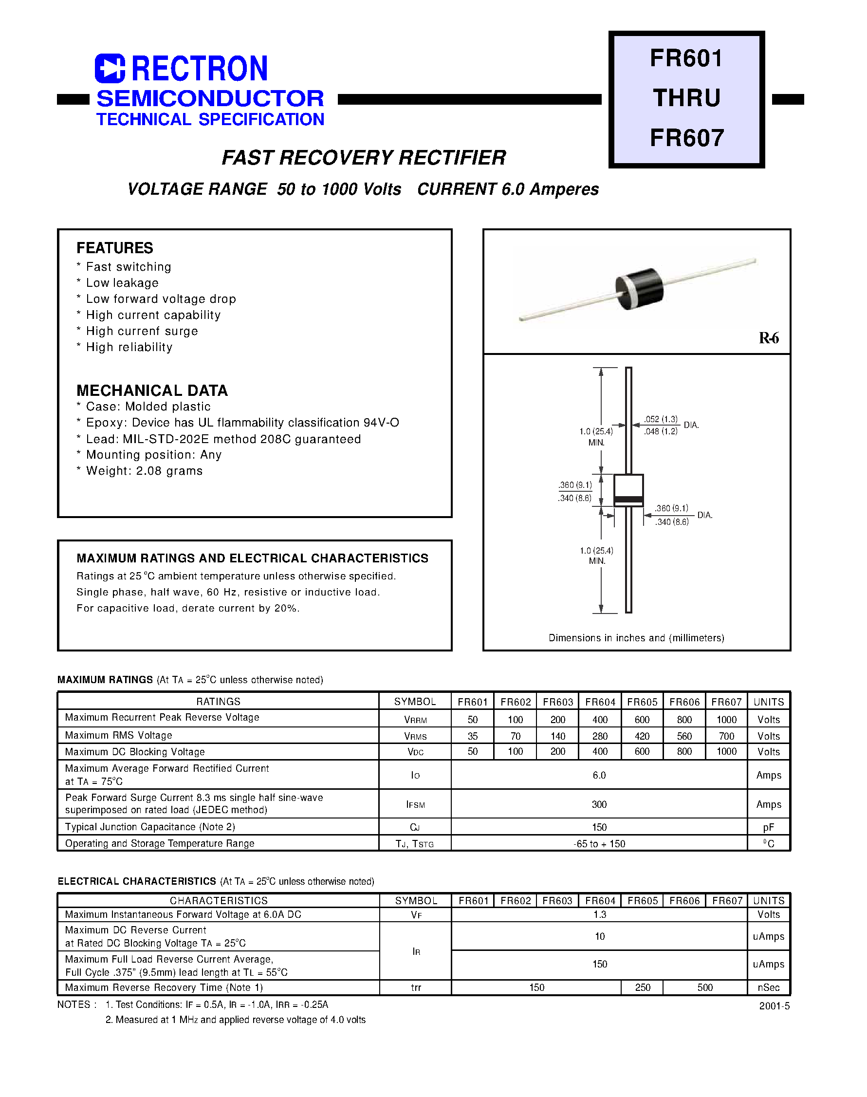 Datasheet FR601 - FAST RECOVERY RECTIFIER (VOLTAGE RANGE 50 to 1000 Volts CURRENT 6.0 Amperes) page 1