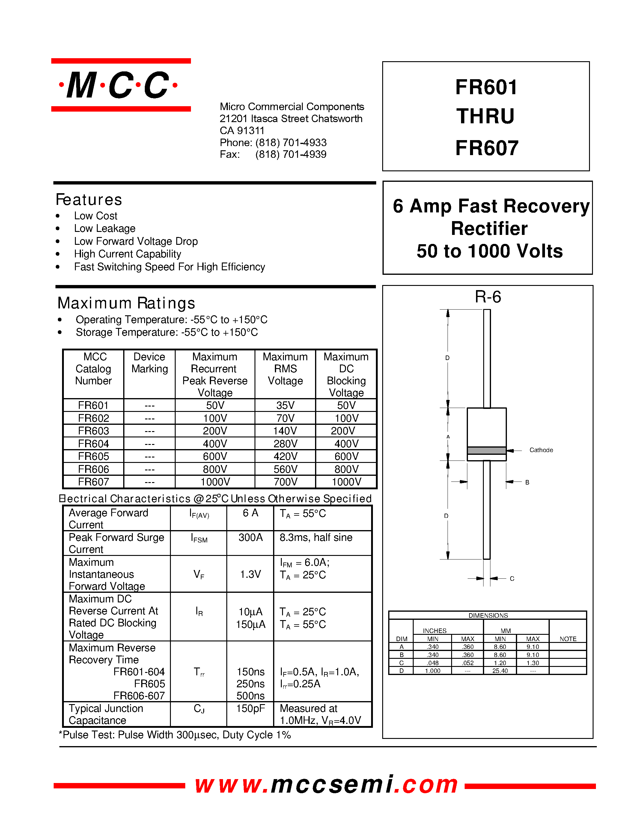 Datasheet FR601 - 6 Amp Fast Recovery Rectifier 50 to 1000 Volts page 1