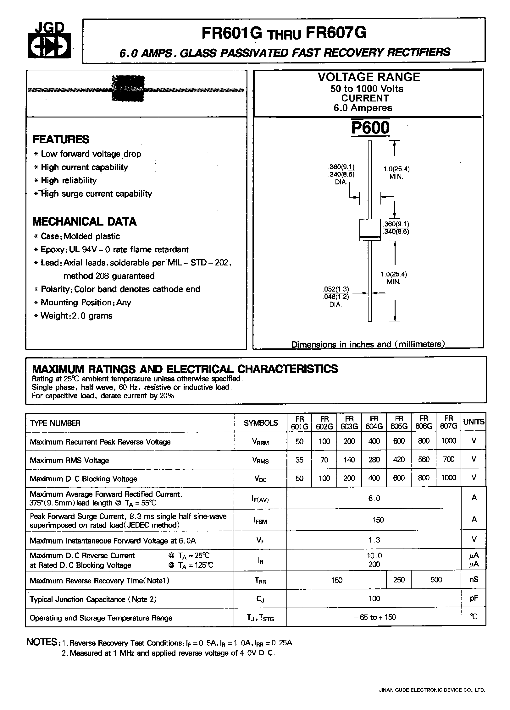 Datasheet FR601G - 6.0 AMPS. GLASS PASSIVATED FAST RECOVERY RECTIFIERS page 1