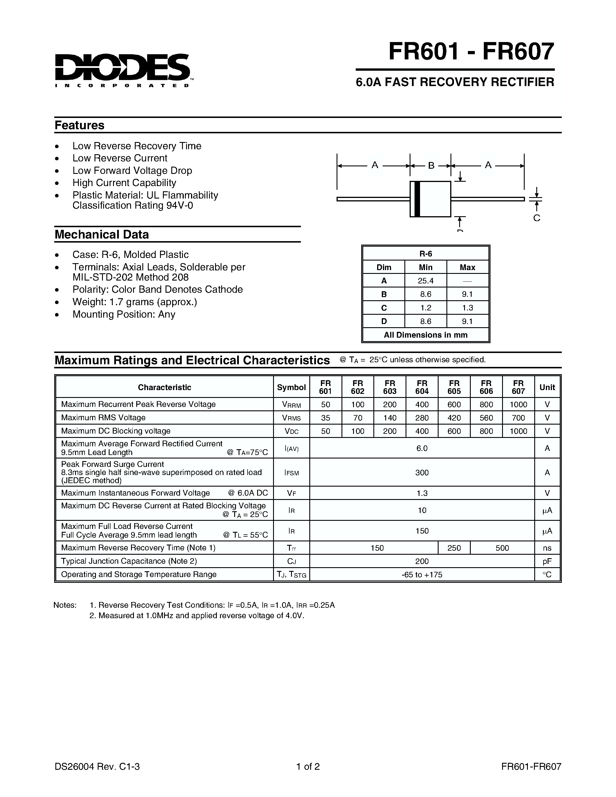 Datasheet FR602 - 6.0A FAST RECOVERY RECTIFIER page 1